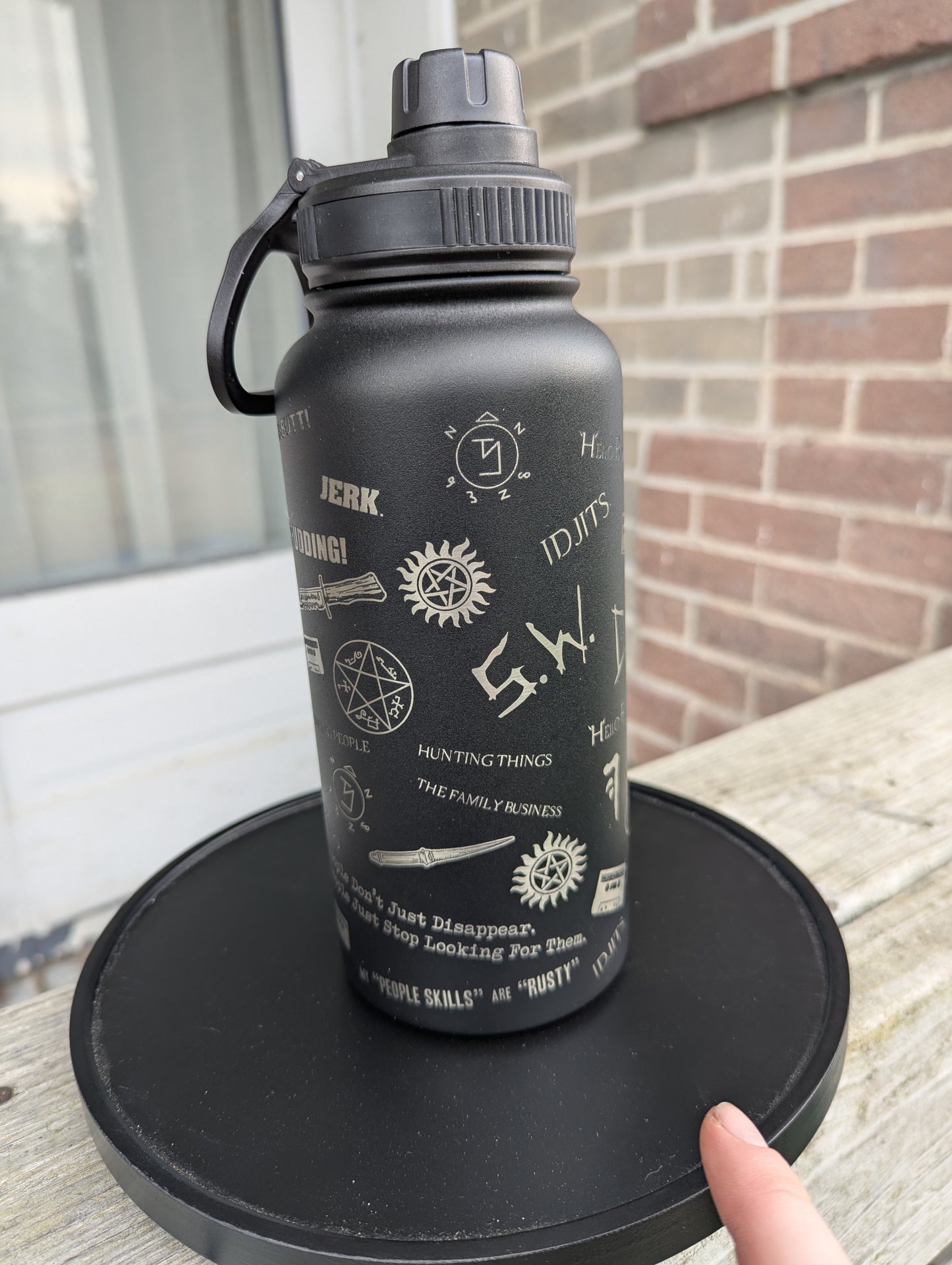Supernatural Black Stainless Steel Water Bottle - Wide mouth Double Wall Insulated Vacuum 32 oz 24 oz