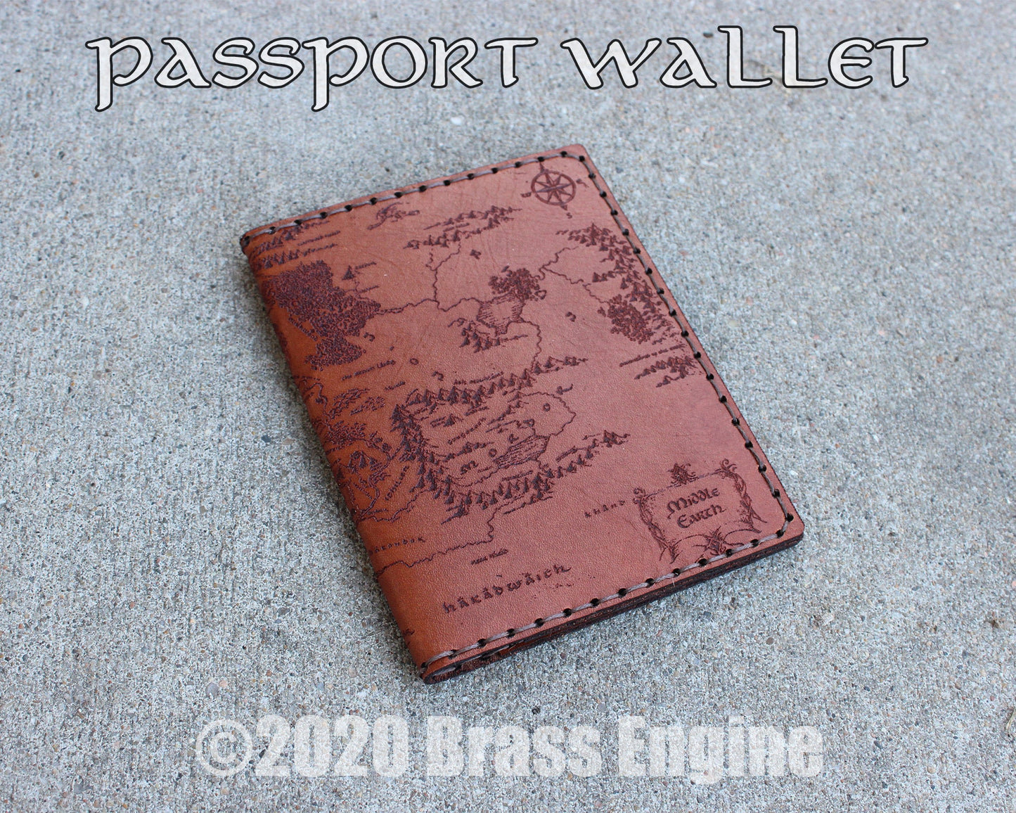 Middle Earth Map Leather Passport Holder - Handmade prrsonalized leather wallet - Tan LOTR Hobbit Tolkien Travel Durin's Door - Color Choice