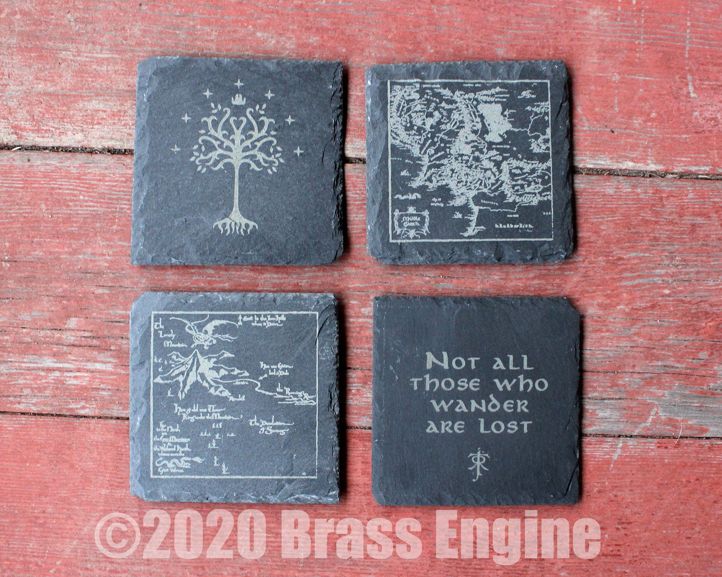 Lord of the Rings Etched Slate Coasters - Gray - Set of 4 - Hobbit White Tree Middle Earth barware