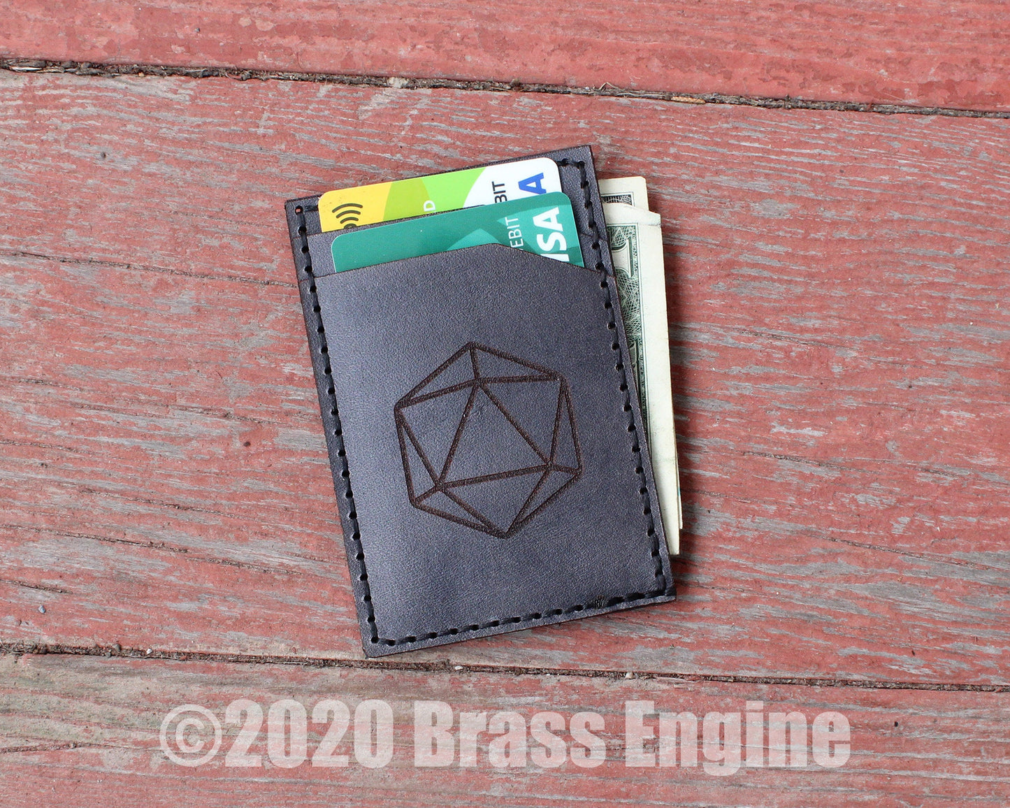 Dice D20 Leather Front Pocket Wallet - Hand stitched - Laser Etched - DnD RPG Minimalist - Color Choice