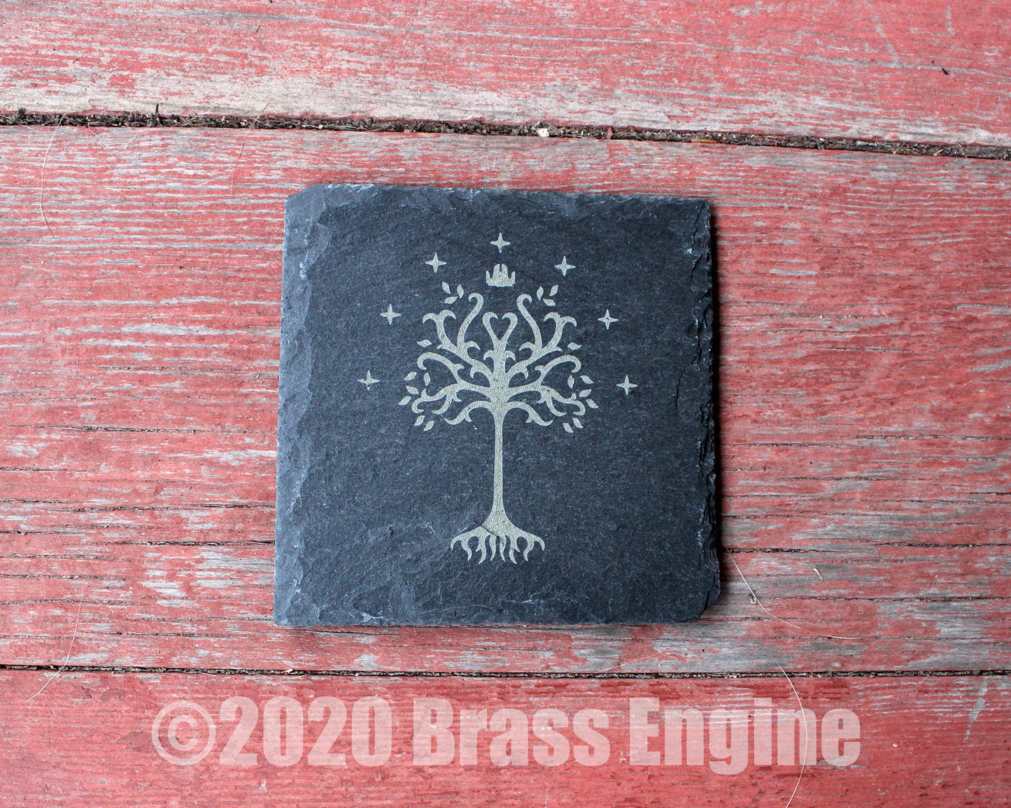 Lord of the Rings Etched Slate Coasters - Gray - Set of 4 - Hobbit White Tree Middle Earth barware