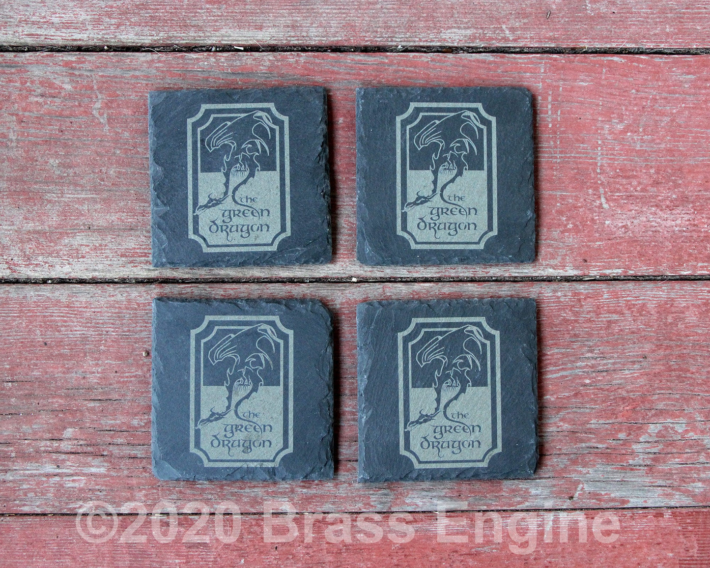 The Green Dragon Inn - Lord of the Rings Etched Slate Coasters - Gray - Set of 4 - Middle Earth Tolkien barware