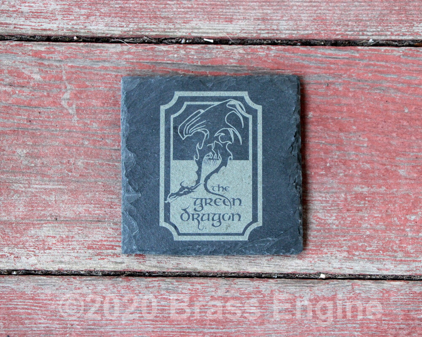 The Green Dragon Inn - Lord of the Rings Etched Slate Coasters - Gray - Set of 4 - Middle Earth Tolkien barware