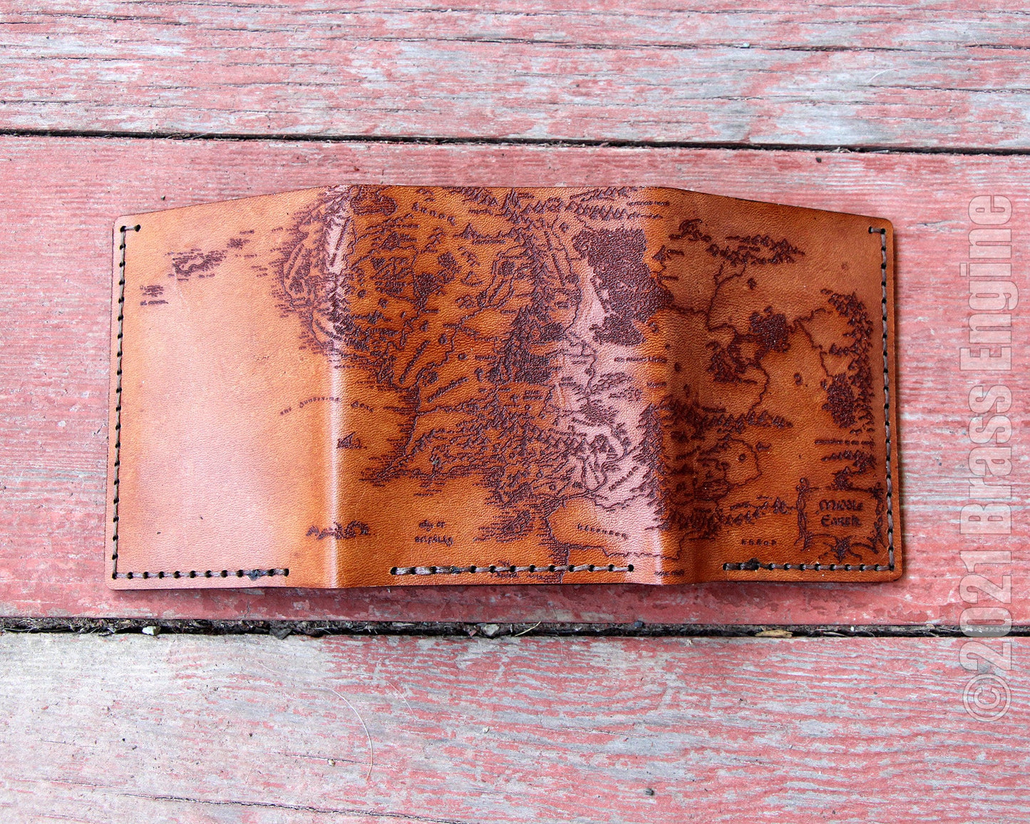 Middle Earth Map Leather Trifold Wallet - Handmade engraved - Color Choice LOTR Hobbit - Personalized