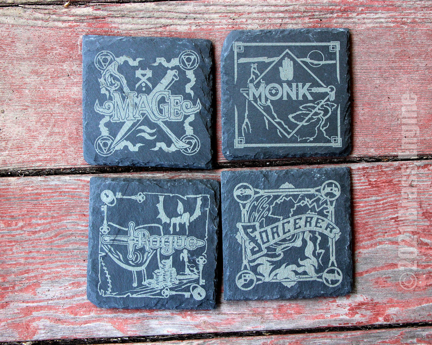 Dungeons and Dragons Etched Slate Coasters - Gray - Custom Choice of Set 4 6 8 - RPG DnD Bard Barbarian Rogue barware