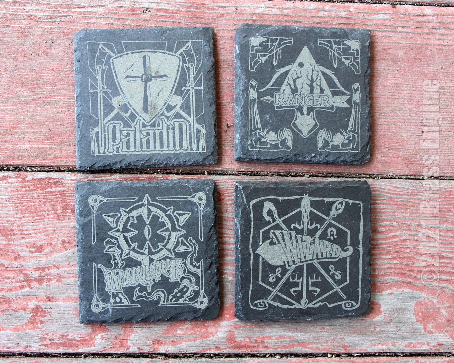 Dungeons and Dragons Etched Slate Coasters - Gray - Custom Choice of Set 4 6 8 - RPG DnD Bard Barbarian Rogue barware