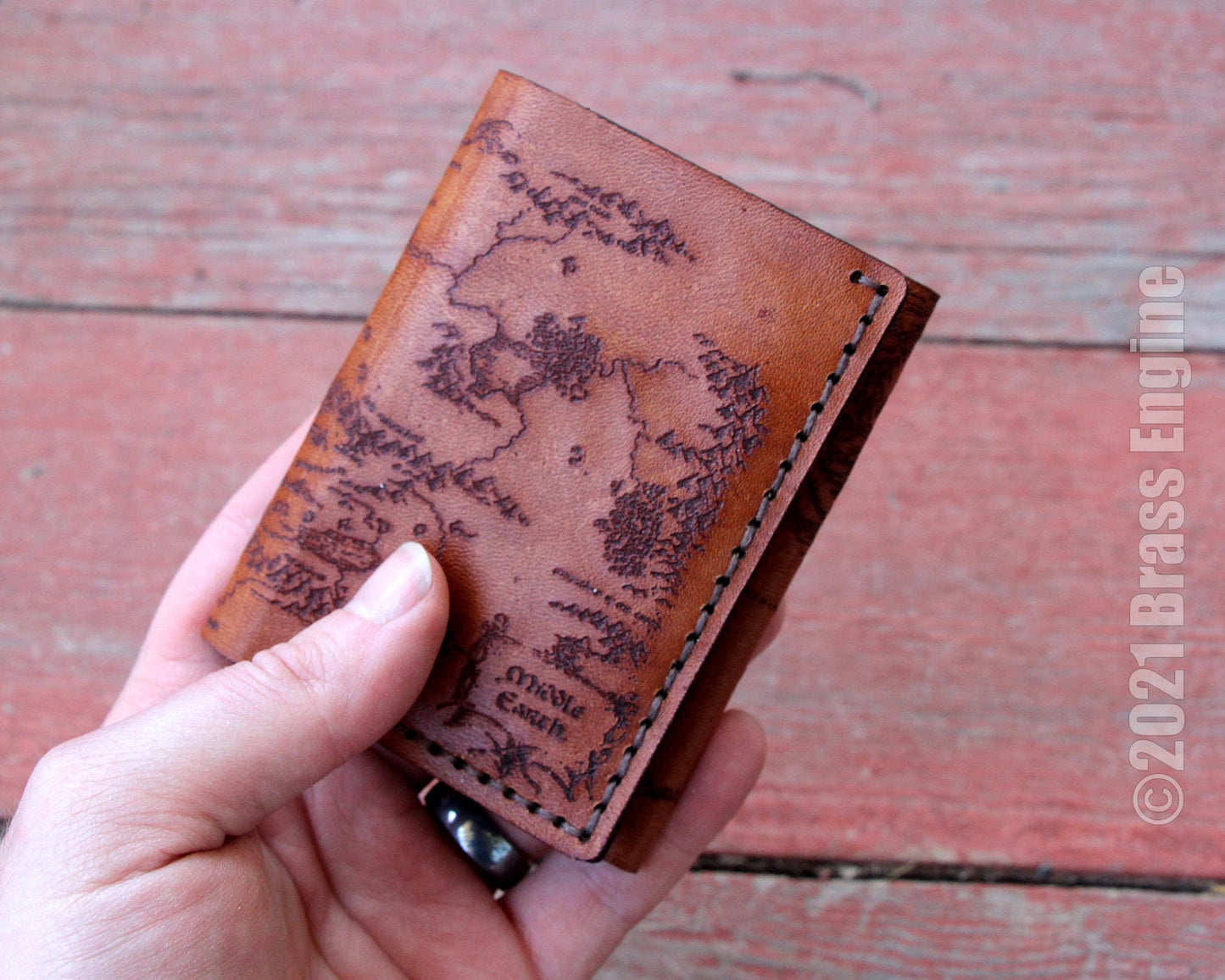 Middle Earth Map Leather Trifold Wallet - Handmade engraved - Color Choice LOTR Hobbit - Personalized