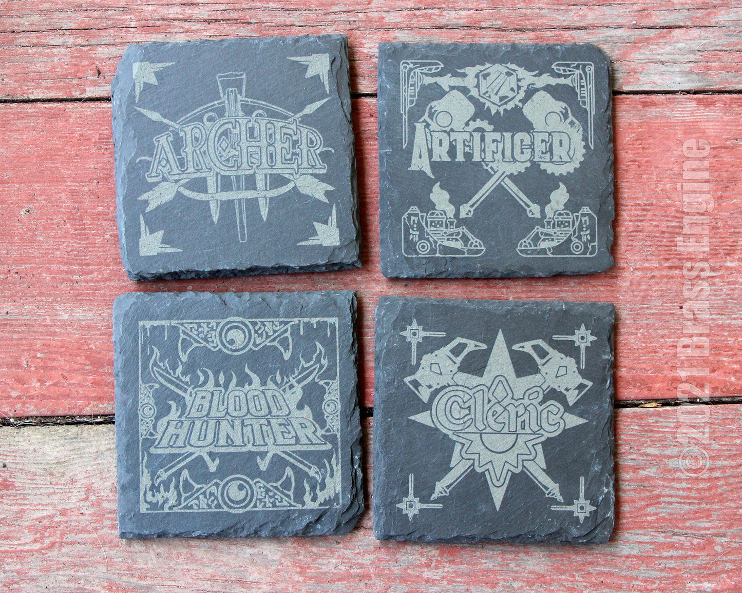 Dungeons and Dragons Etched Slate Coasters - Gray - Custom Choice of Set 4 6 8 - RPG DnD Bard Barbarian Rogue barware