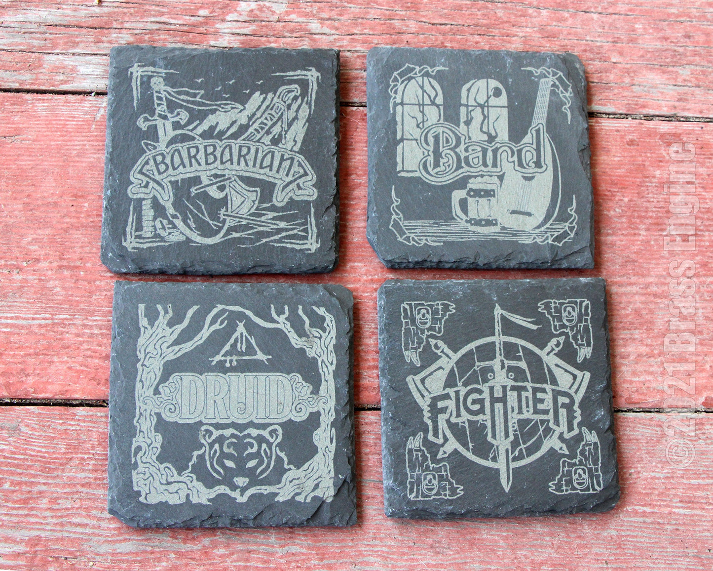 Dungeons and Dragons Etched Slate Coasters - Gray - Custom Choice of Set 4 6 8 - RPG DnD Bard Barbarian Rogue barware