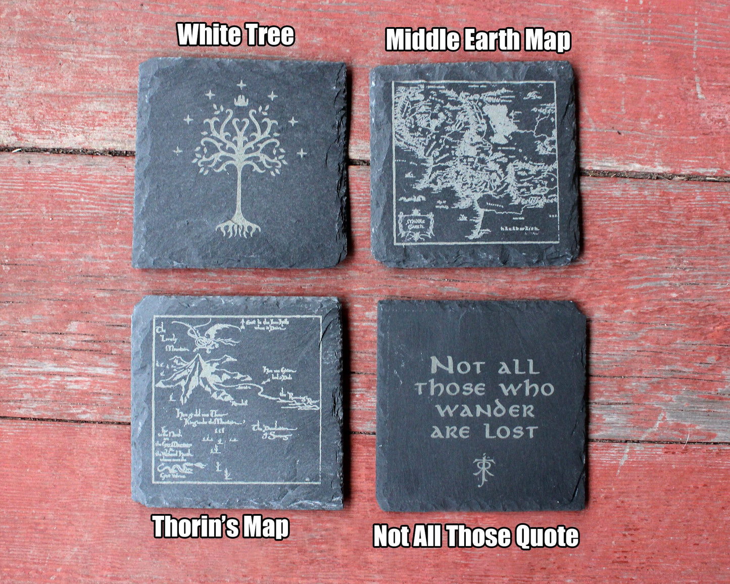 Lord of the Rings Etched Slate Coasters - Gray - Mix and Match Set of 4 5 6 7 8 - Hobbit White Tree Middle Earth barware