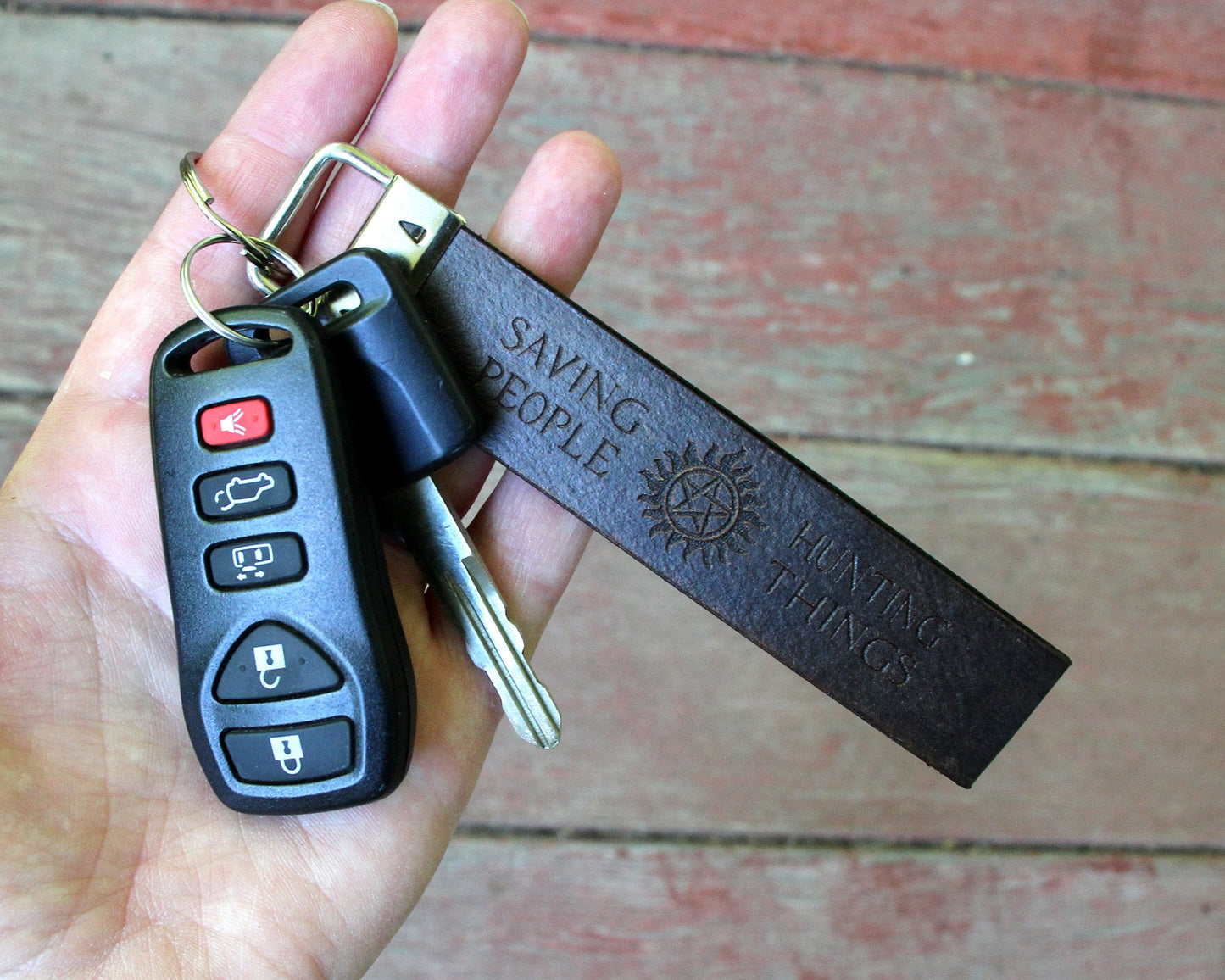 1" Wide Full Grain Leather Key Fob Strap Lanyard - Supernatural quote - Sam Dean Bobby Hunters - Color Choice - Personalized Veg Tan