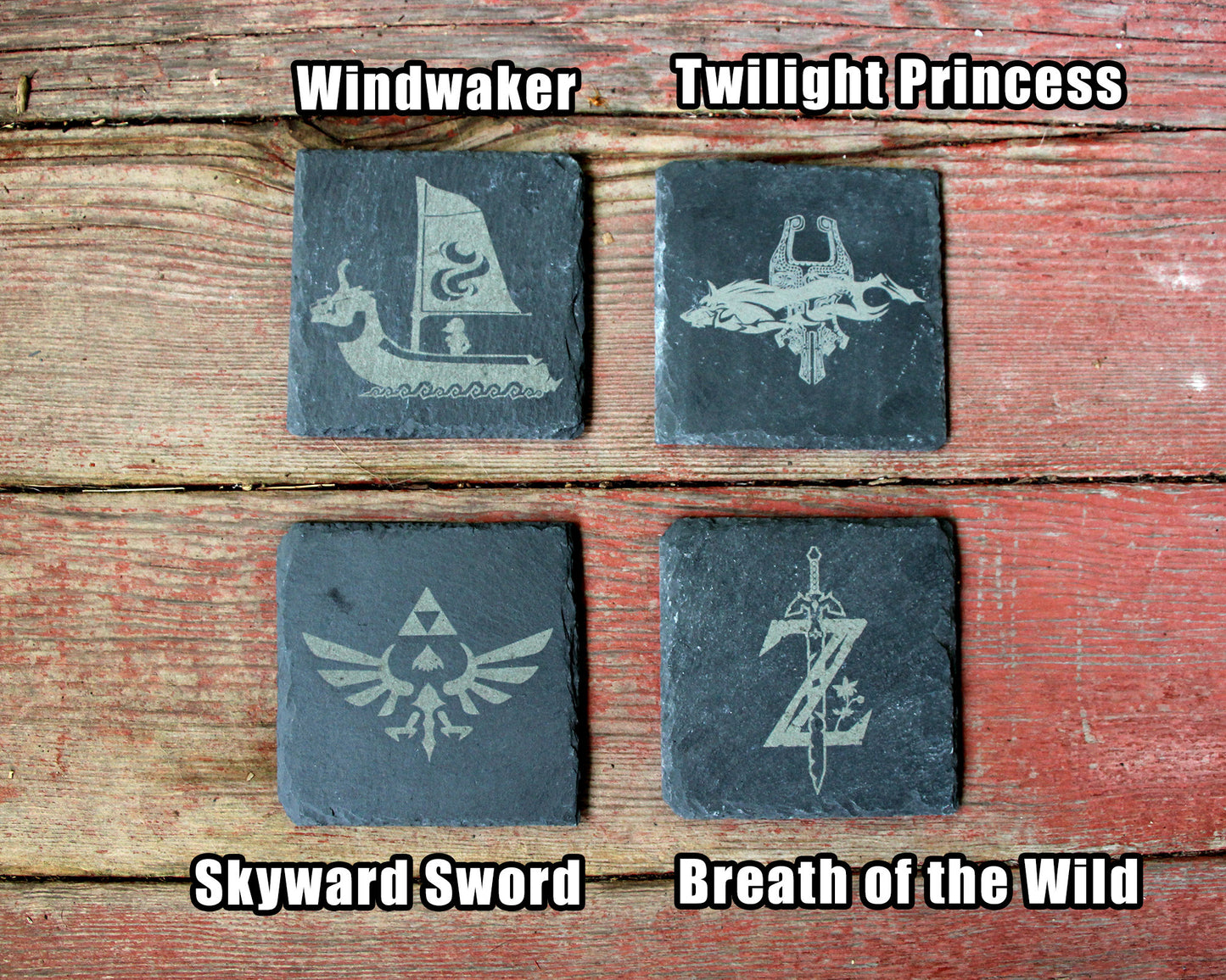 Legend of Zelda Engraved Slate Coasters Mix and Match - Gray - Choice of Set of 4 6 8- Triforce Majora's Mask Tears of the Kingdom