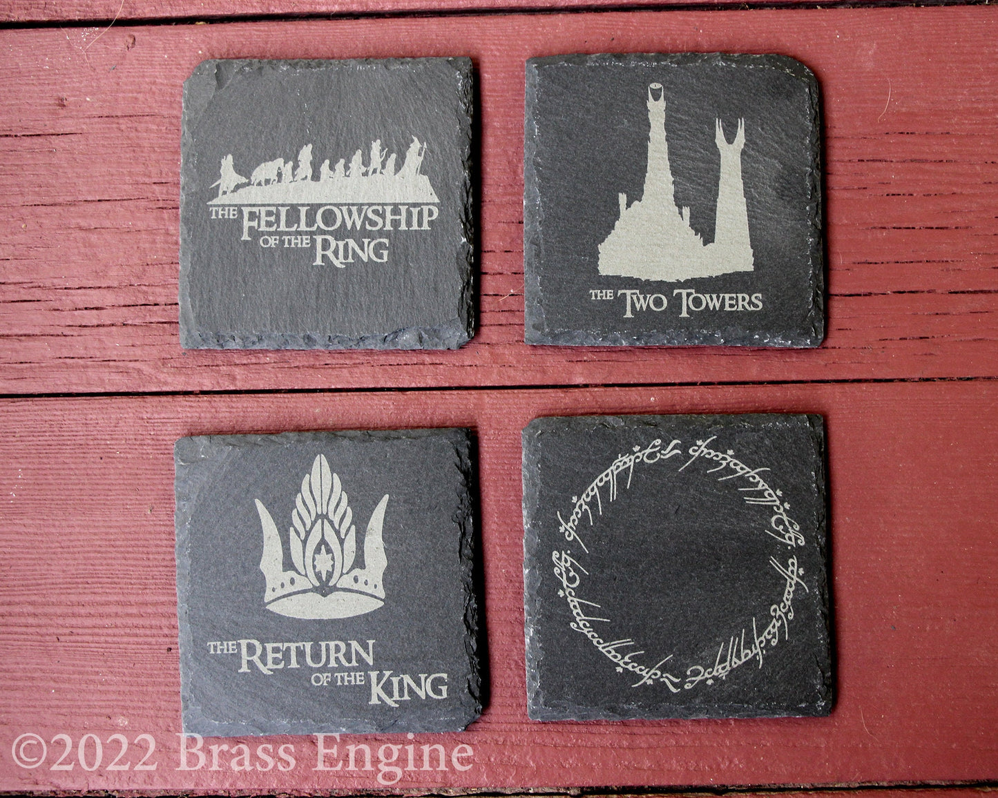 Lord of the Rings Titles Etched Slate Coasters - Gray - Set of 4 - Fellowship Two Towers Return of the King barware