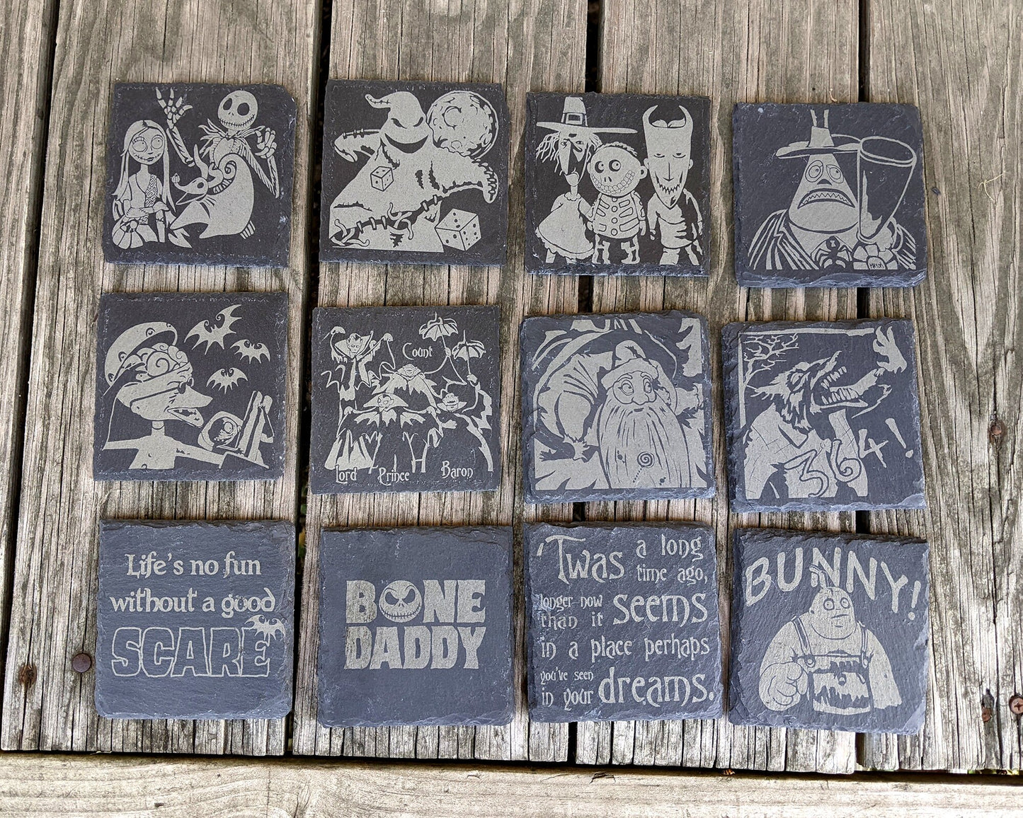Nightmare Before Christmas Slate Coasters - Gray - Mix and Match Set of 4 5 6 7 8 - Xmas Jack Sally Oogie Boogie