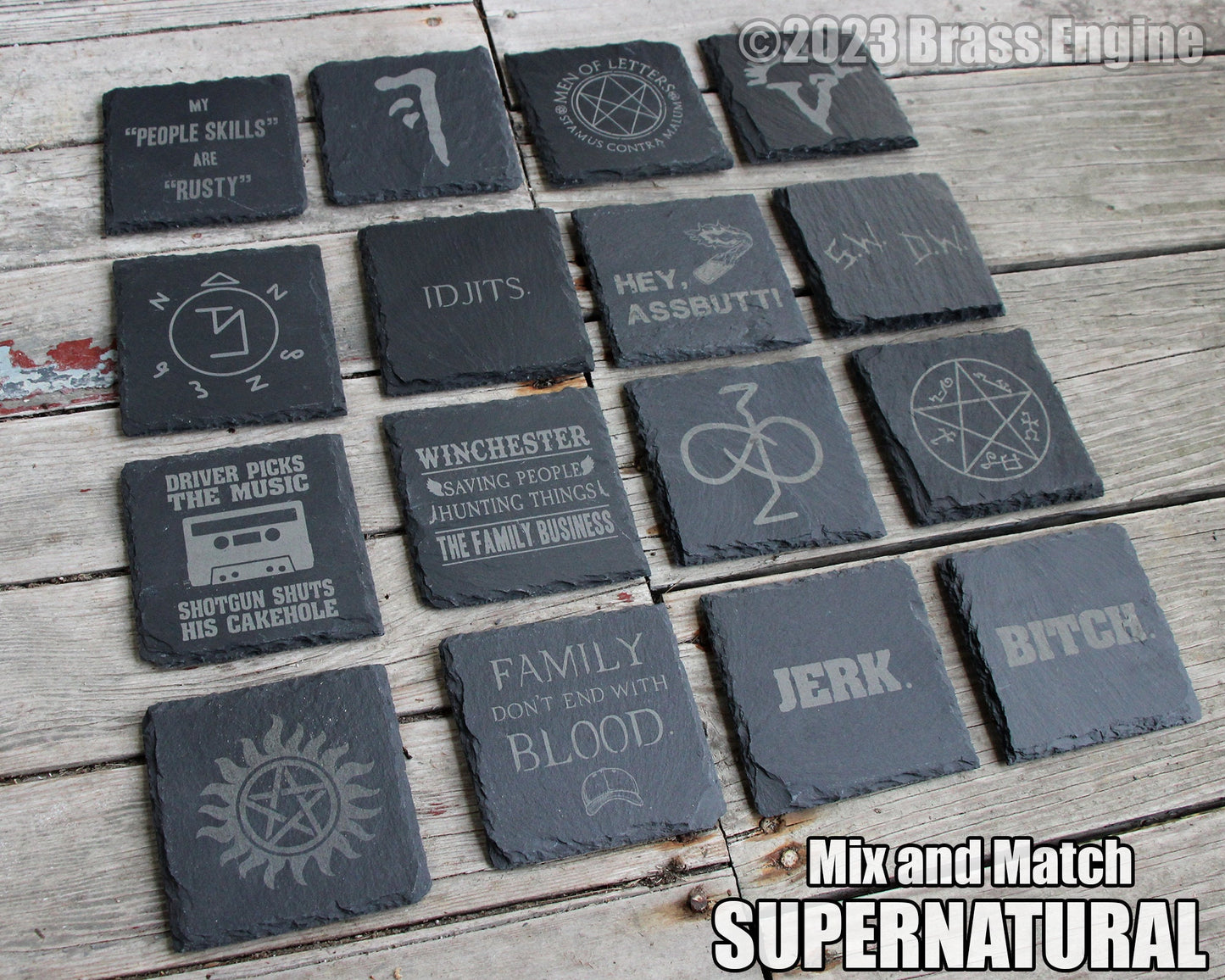Mix and Match Supernatural Etched Slate Coasters - Gray - Choice of Set of 4 6 8 - Sam Dean Anti-possession Men of Letters barware