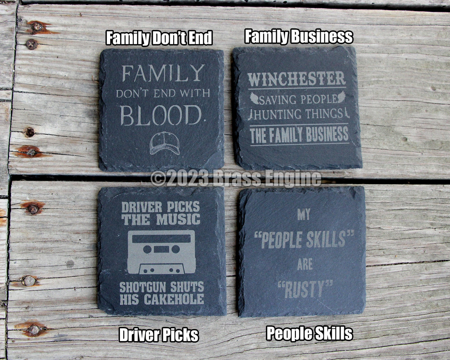 Mix and Match Supernatural Etched Slate Coasters - Gray - Choice of Set of 4 6 8 - Sam Dean Anti-possession Men of Letters barware