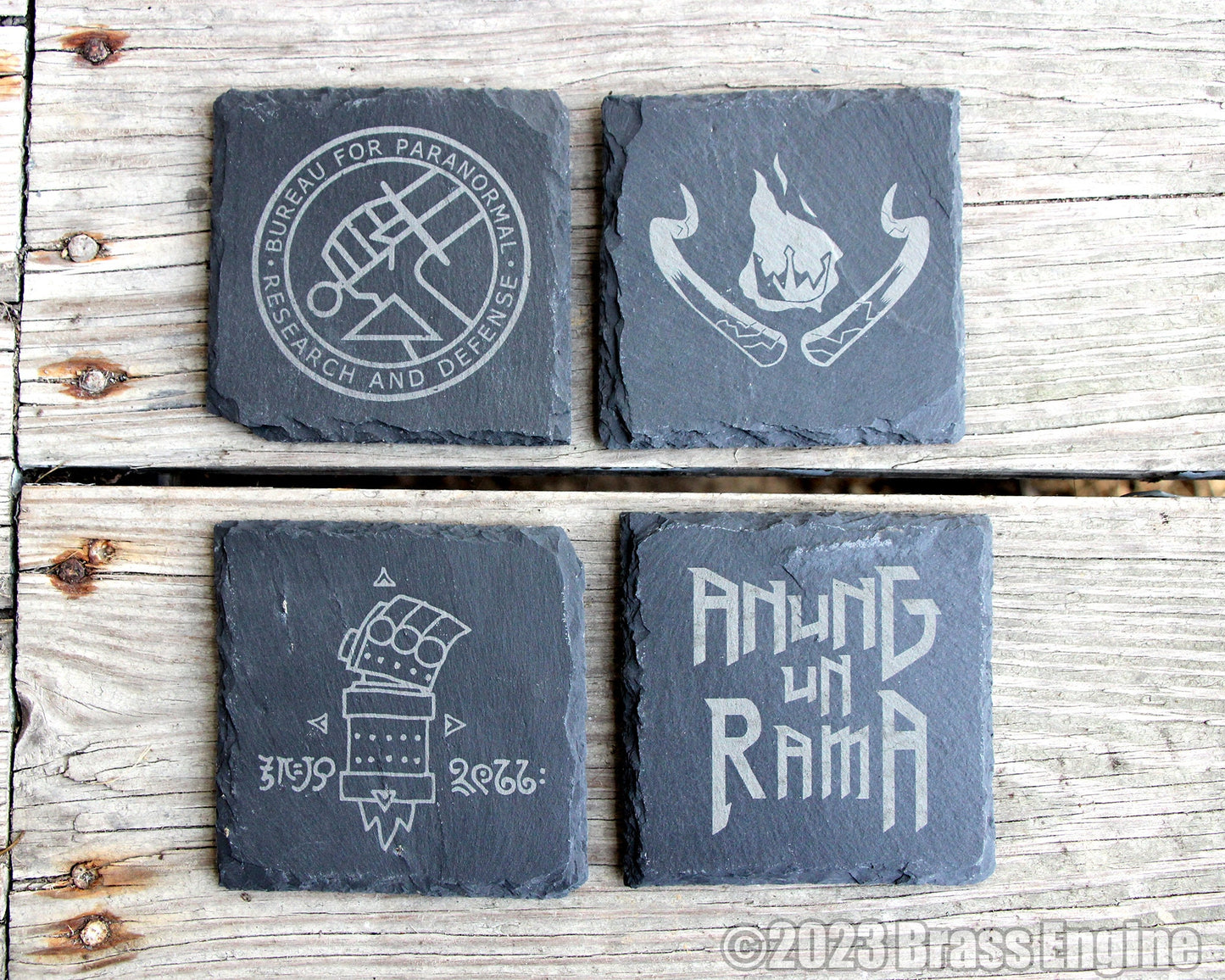 Hellboy Etched Slate Coasters - Gray - BPRD Anung un Rama Right Hand of Doom barware