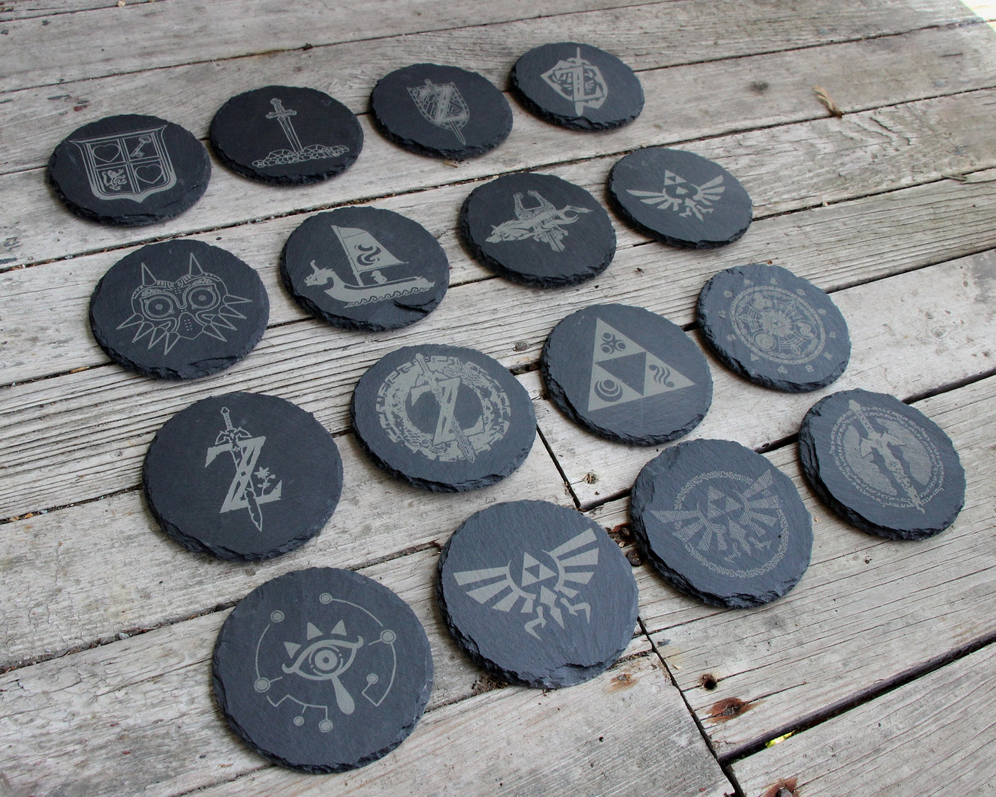 Legend of Zelda Engraved Slate Coasters Mix and Match - Gray - Choice of Set of 4 6 8- Triforce Majora's Mask Tears of the Kingdom