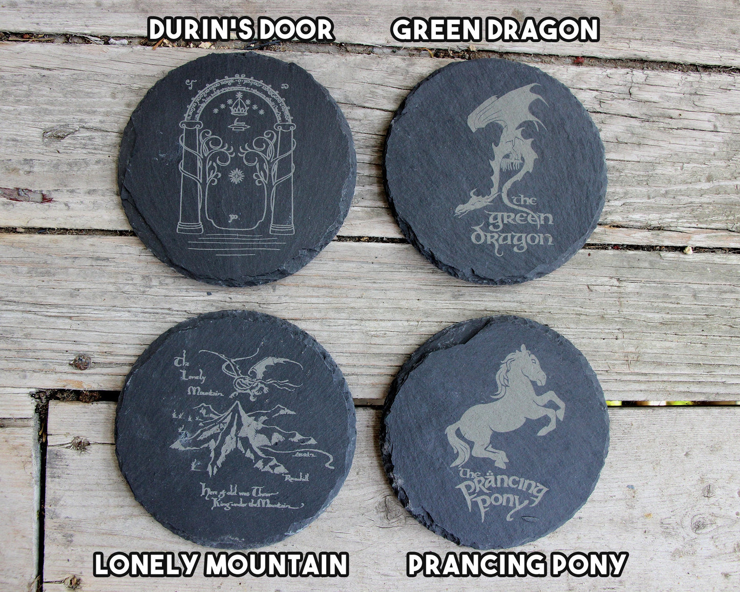 Lord of the Rings Engraved Slate Coasters - Circular Round - Gray - Mix and Match Set of 4 5 6 7 8 - Hobbit White Tree Middle Earth