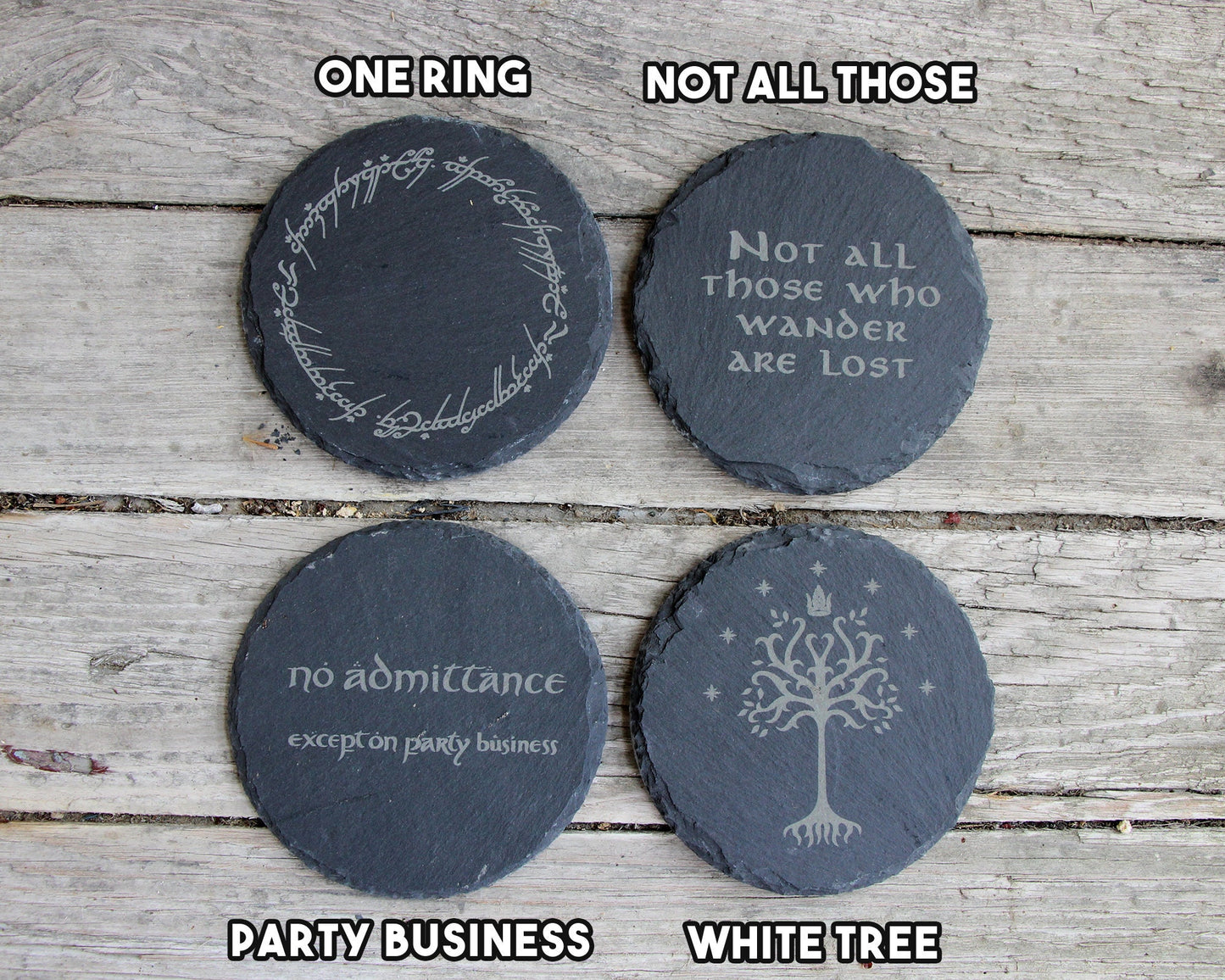 Lord of the Rings Engraved Slate Coasters - Circular Round - Gray - Mix and Match Set of 4 5 6 7 8 - Hobbit White Tree Middle Earth