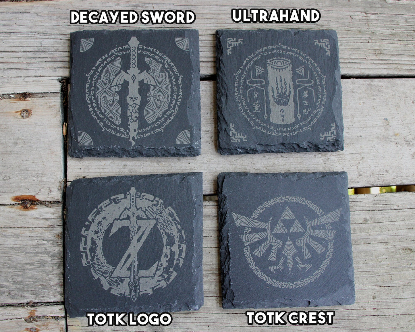 Legend of Zelda Engraved Slate Coasters Mix and Match - Gray - Choice of Set of 4 6 8- Triforce Majora's Mask Tears of the Kingdom
