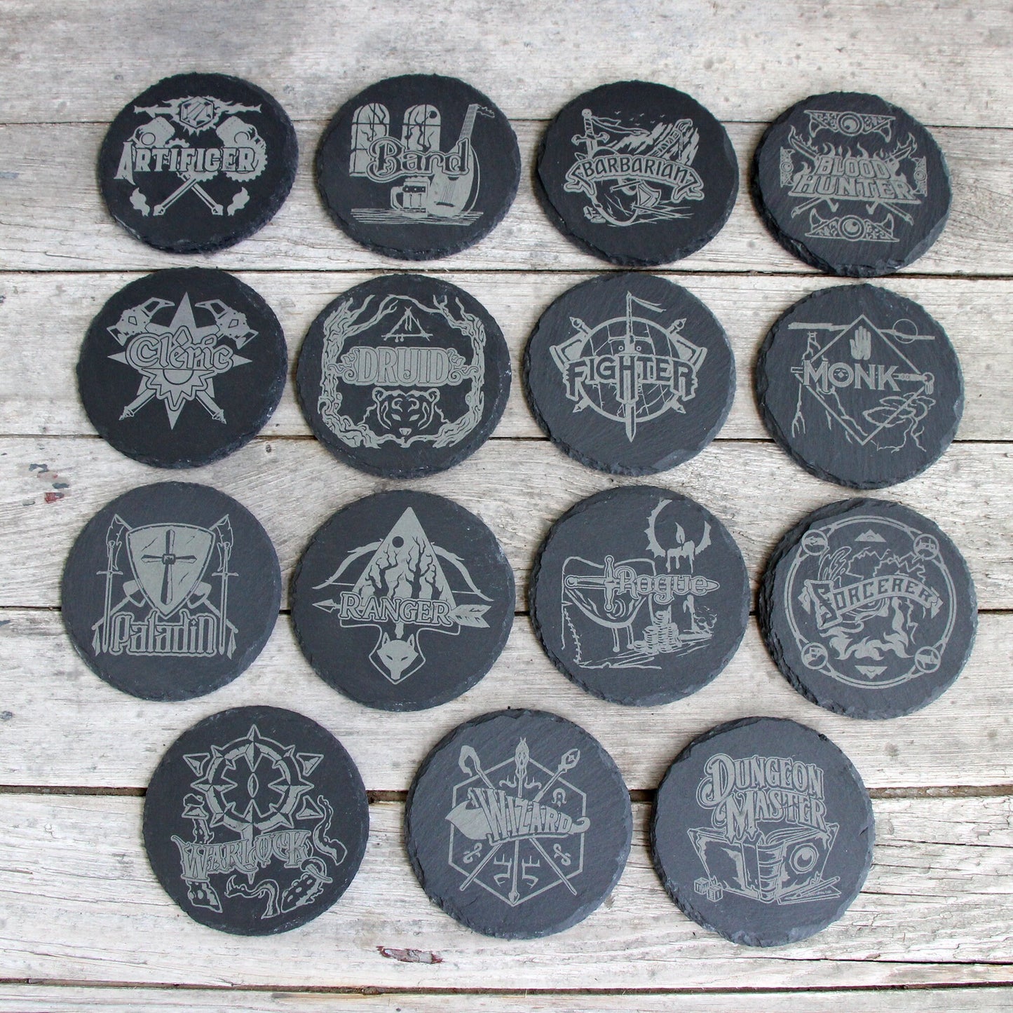 Dungeons and Dragons Etched Slate Coasters - Gray - Custom Choice of Set 4 6 8 - RPG DnD Bard Barbarian Rogue barware