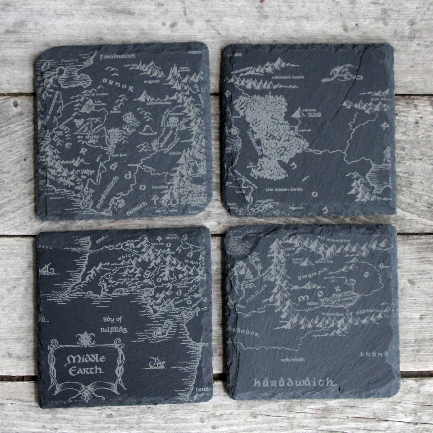 Middle Earth Map - Lord of the Rings Etched Slate Coasters - Gray - Set of 4 or 6 barware