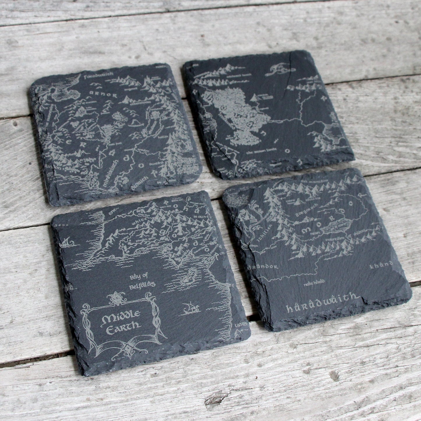 Middle Earth Map - Lord of the Rings Etched Slate Coasters - Gray - Set of 4 or 6 barware