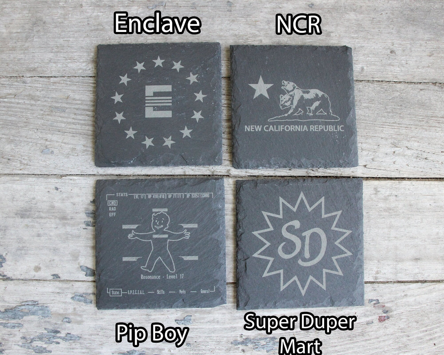 Fallout Etched Slate Coasters Square or Round Circle Mix and Match - Gray - Choice of Set of 4 6 8 - Vault Tec Pip Boy Nuka Cola barware