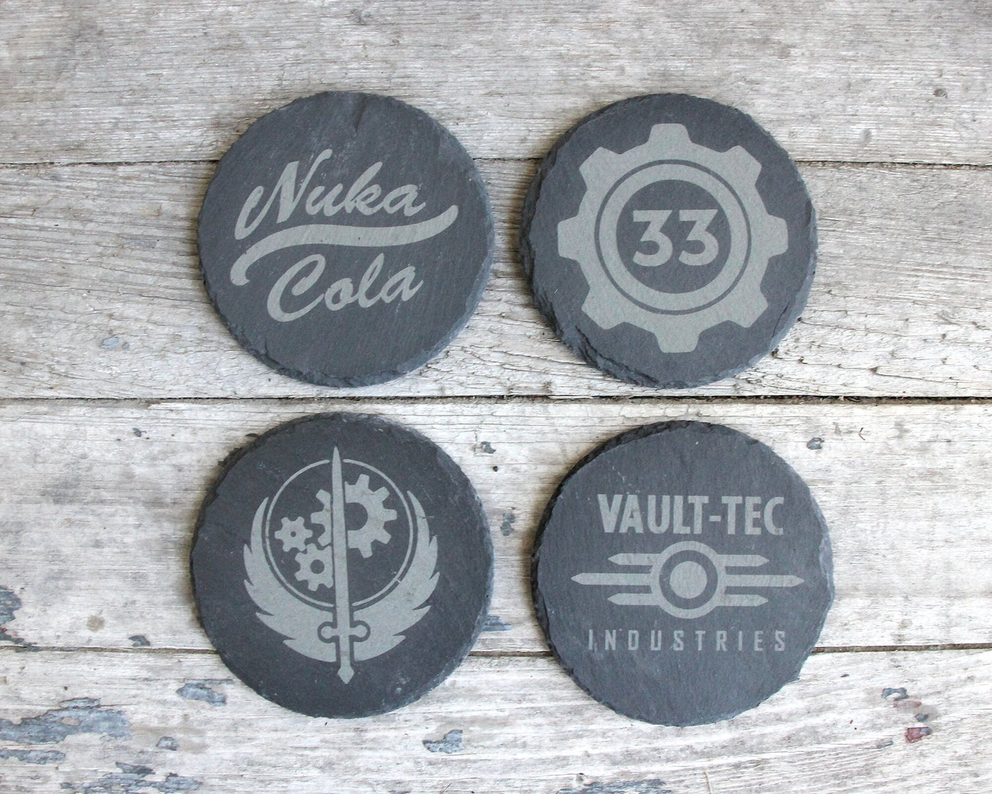 Fallout Etched Slate Coasters Square or Round Circle Mix and Match - Gray - Choice of Set of 4 6 8 - Vault Tec Pip Boy Nuka Cola barware