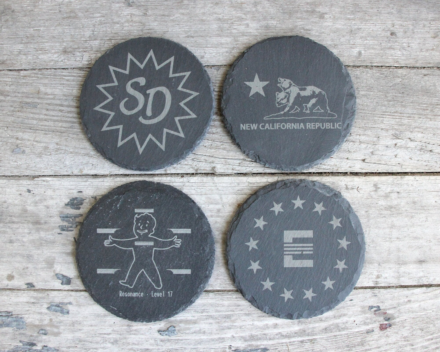 Fallout Etched Slate Coasters Square or Round Circle Mix and Match - Gray - Choice of Set of 4 6 8 - Vault Tec Pip Boy Nuka Cola barware