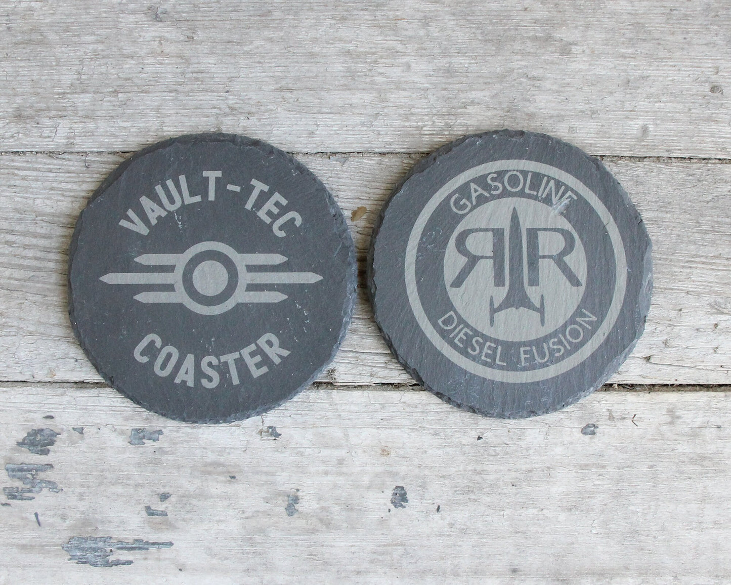 Fallout Etched Slate Coasters Square or Round Circle Mix and Match - Gray - Choice of Set of 4 6 8 - Vault Tec Pip Boy Nuka Cola barware