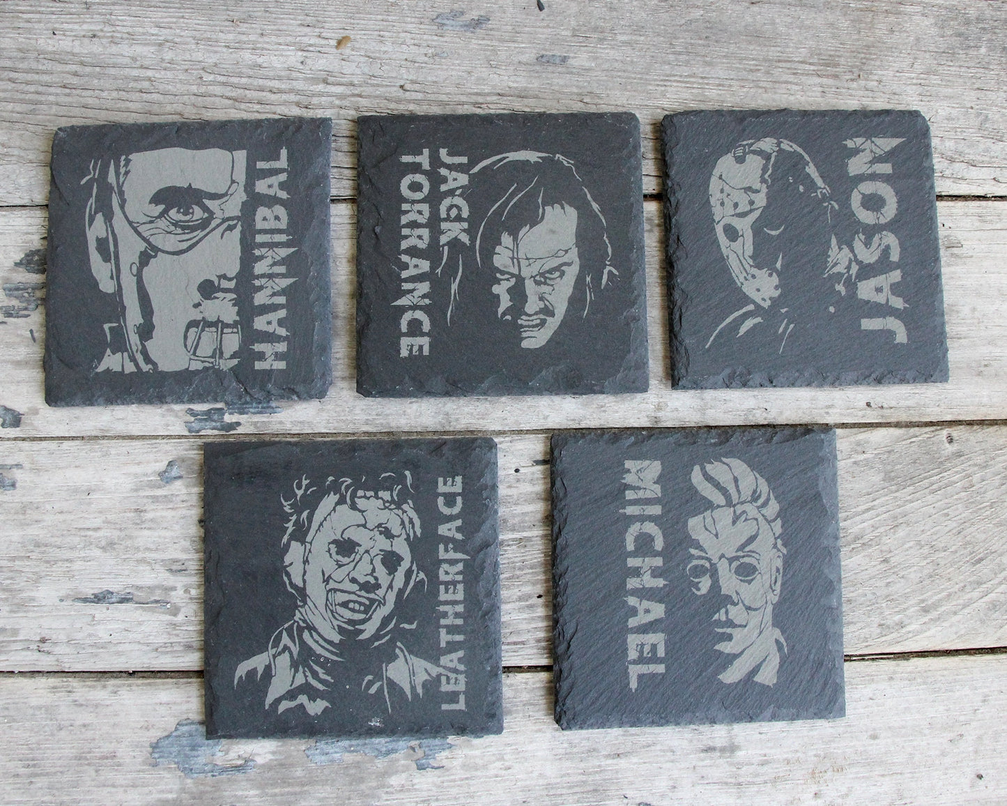Horror Character Slate Coasters Scary Halloween Mix and Match - Gray - Choice of Set of 4 6 8 - Freddy Jason Michael Universal Monsters