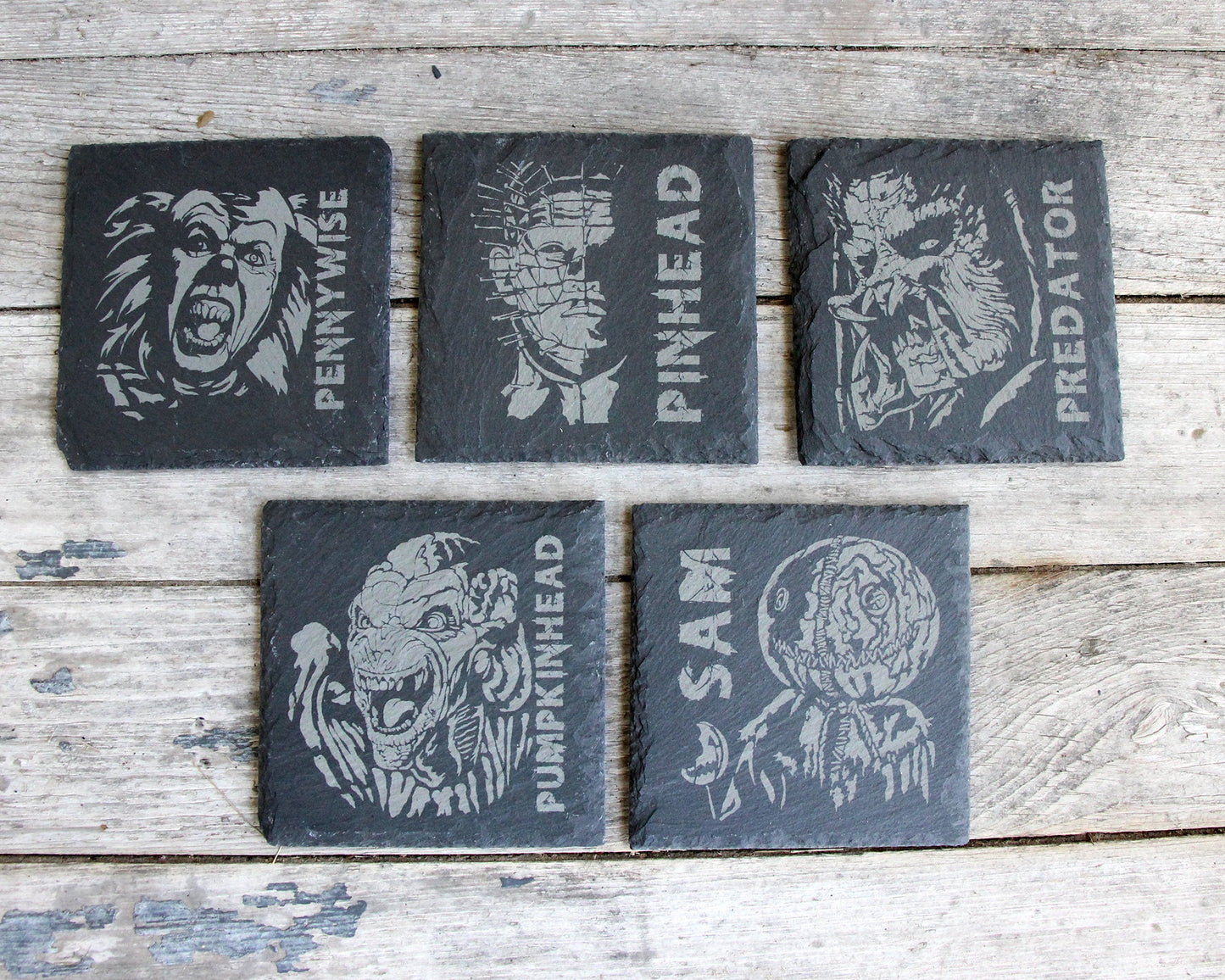 Horror Character Slate Coasters Scary Halloween Mix and Match - Gray - Choice of Set of 4 6 8 - Freddy Jason Michael Universal Monsters