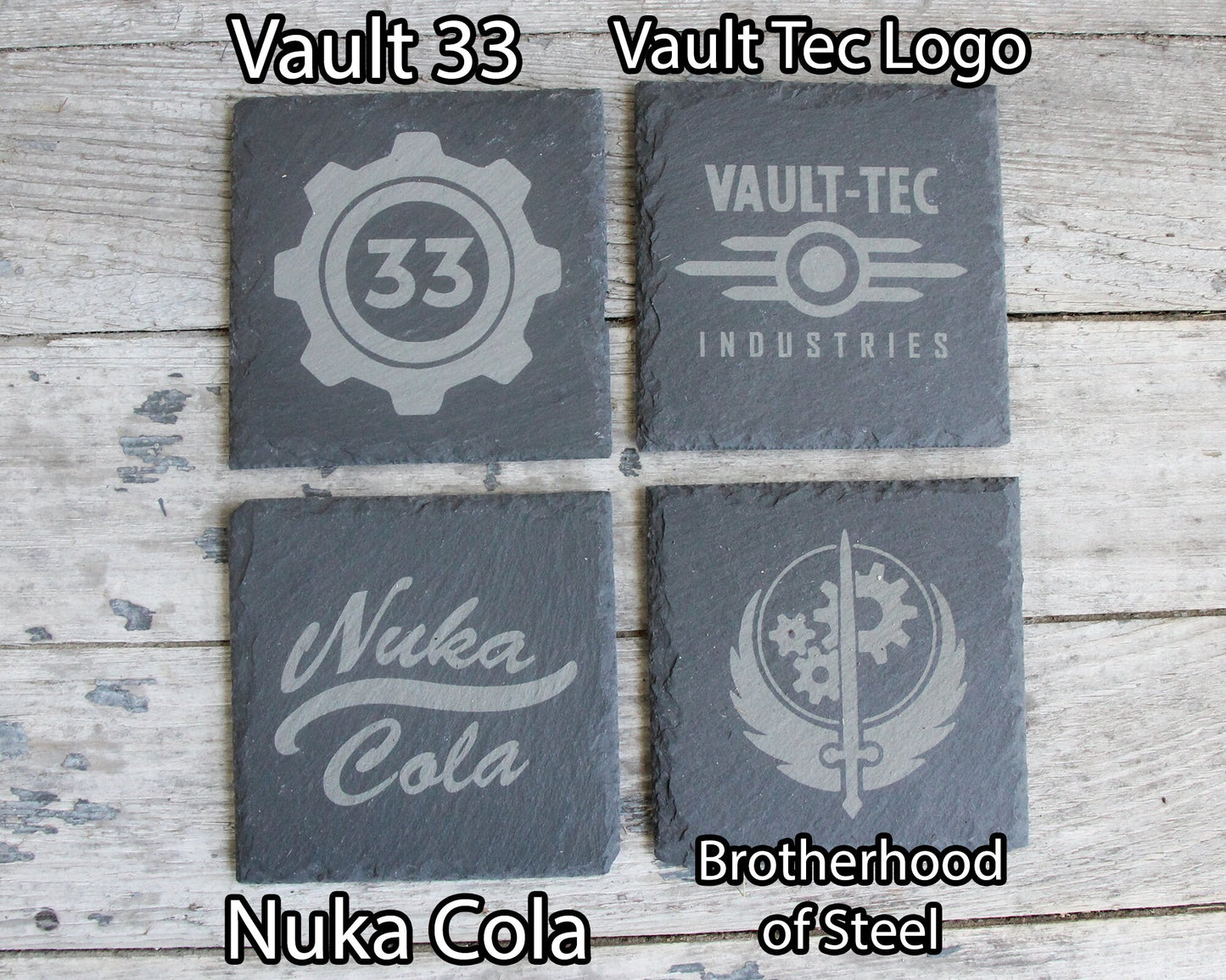 Fallout Etched Slate Coasters Square or Round Circle Mix and Match - Gray - Choice of Set of 4 6 8 - Vault Tec Pip Boy Nuka Cola barware