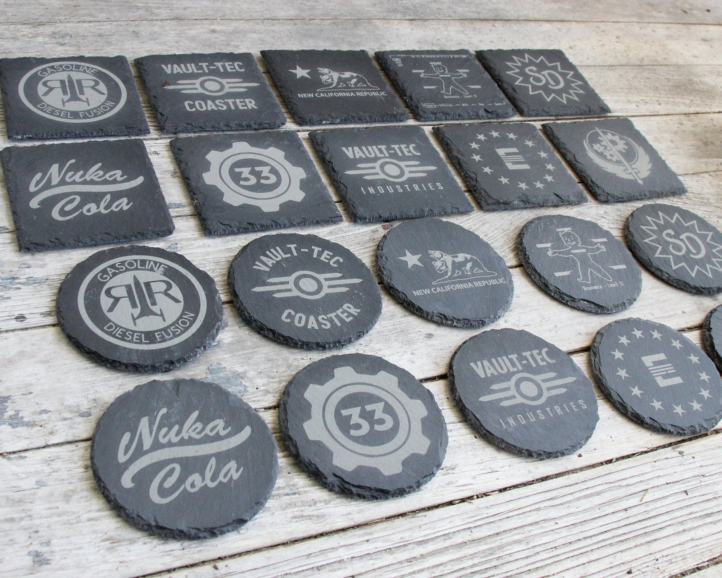 Fallout Etched Slate Coasters Square or Round Circle Mix and Match - Gray - Choice of Set of 4 6 8 - Vault Tec Pip Boy Nuka Cola barware