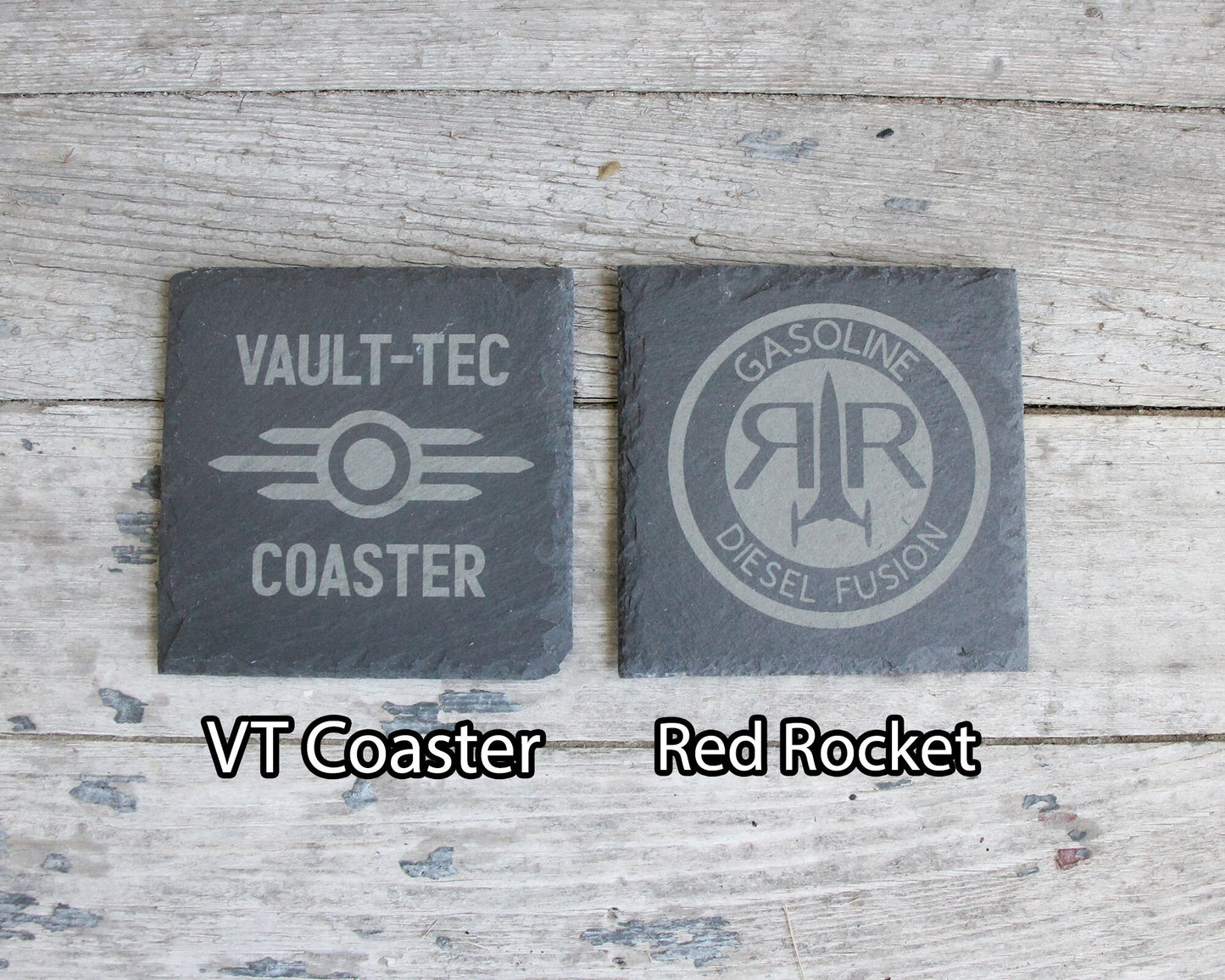 Fallout Etched Slate Coasters Square or Round Circle Mix and Match - Gray - Choice of Set of 4 6 8 - Vault Tec Pip Boy Nuka Cola barware