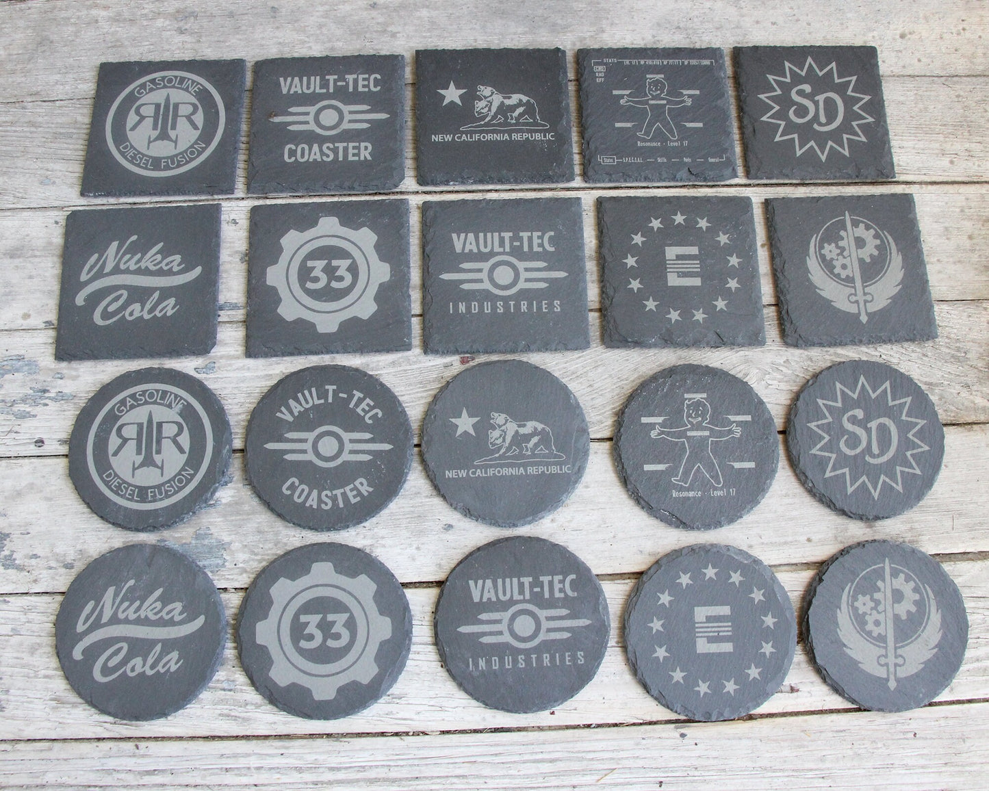 Fallout Etched Slate Coasters Square or Round Circle Mix and Match - Gray - Choice of Set of 4 6 8 - Vault Tec Pip Boy Nuka Cola barware