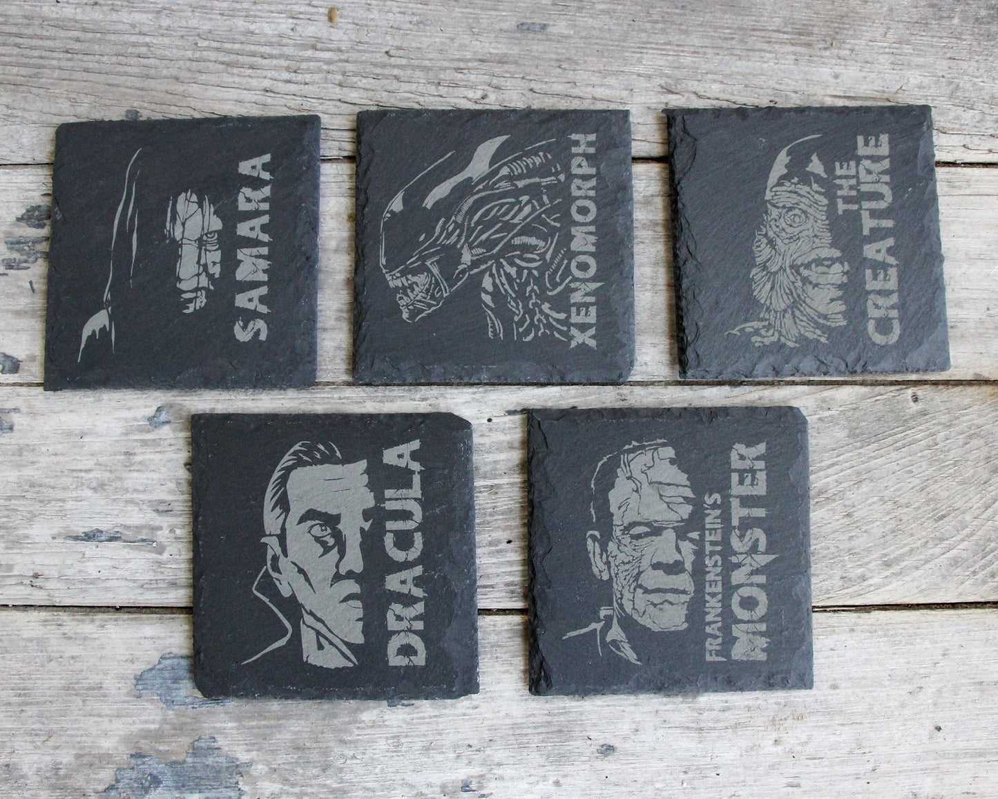 Horror Character Slate Coasters Scary Halloween Mix and Match - Gray - Choice of Set of 4 6 8 - Freddy Jason Michael Universal Monsters