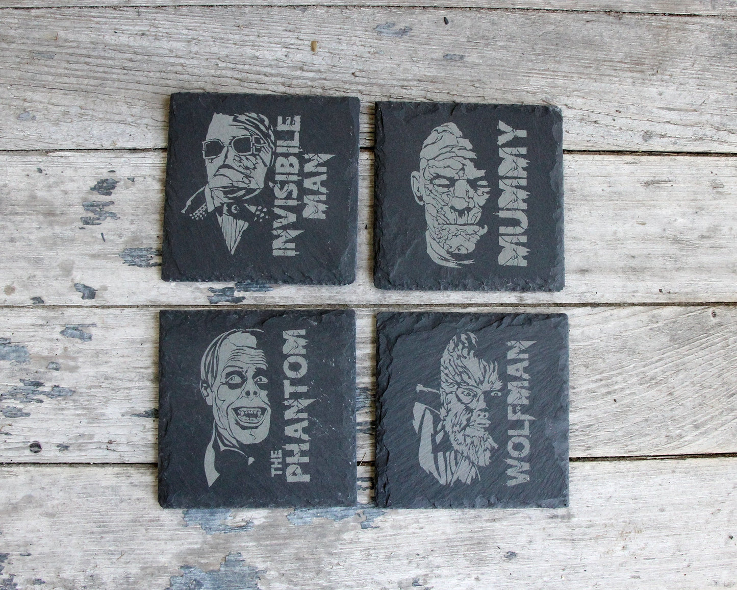 Horror Character Slate Coasters Scary Halloween Mix and Match - Gray - Choice of Set of 4 6 8 - Freddy Jason Michael Universal Monsters