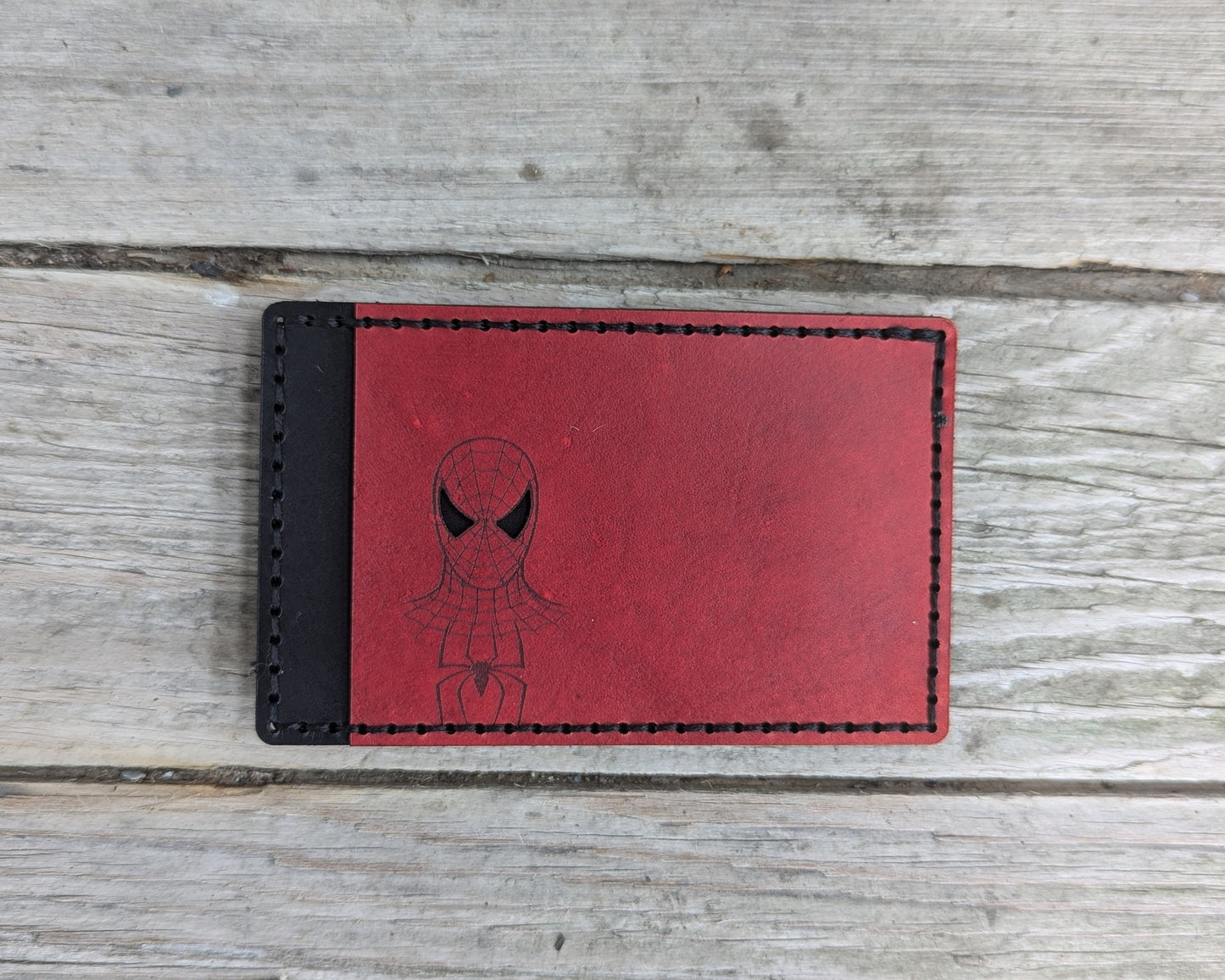 Spiderman ID Card Holder Wallet - Cutout - Full Grain Leather Handmade Customized gift Mens Black Red - Personalized
