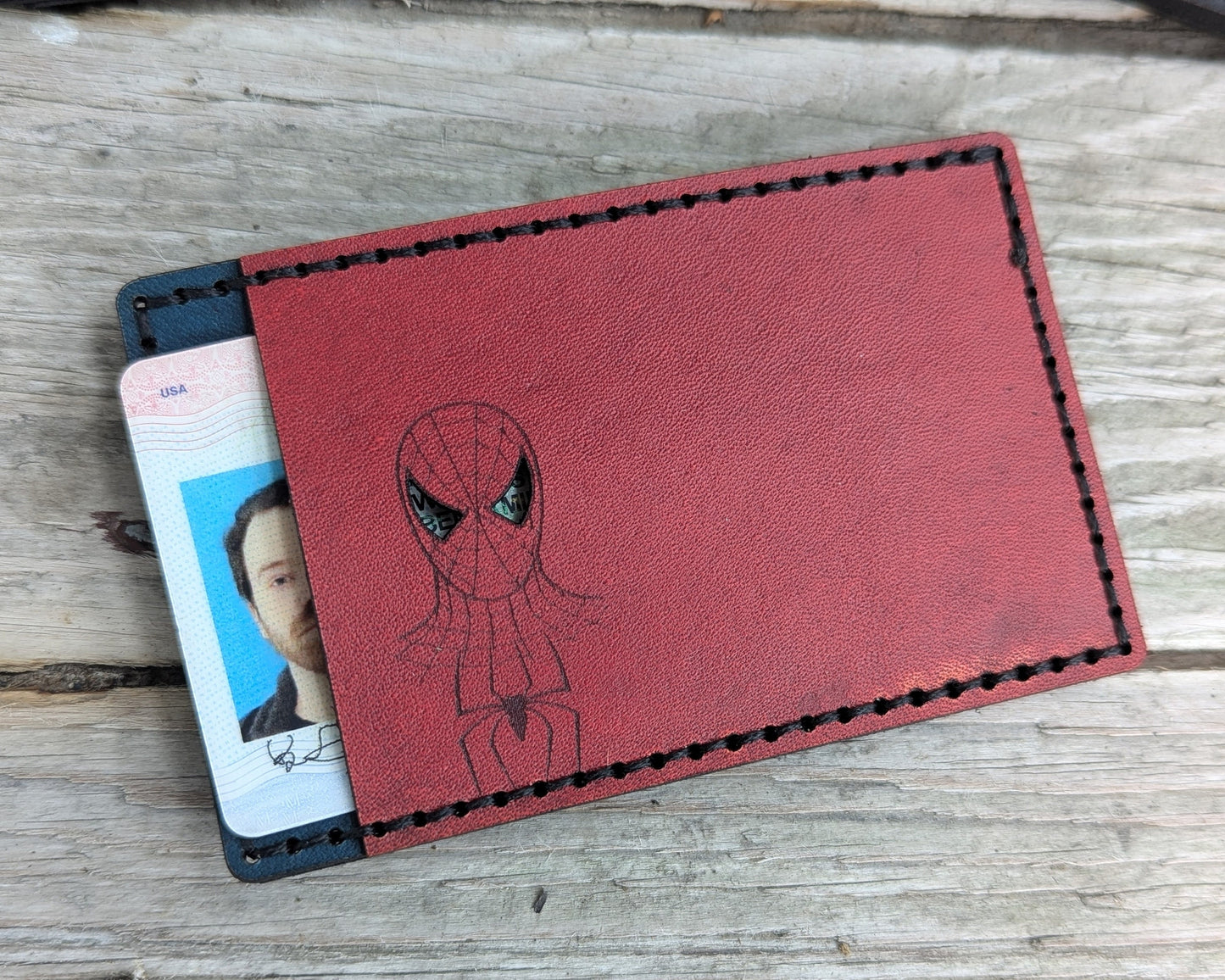 Spiderman ID Card Holder Wallet - Cutout - Full Grain Leather Handmade Customized gift Mens Black Red - Personalized
