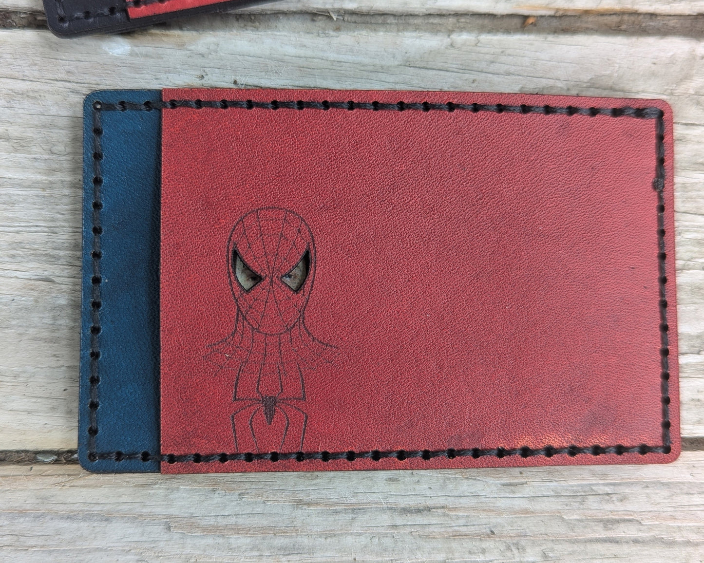 Spiderman ID Card Holder Wallet - Cutout - Full Grain Leather Handmade Customized gift Mens Black Red - Personalized