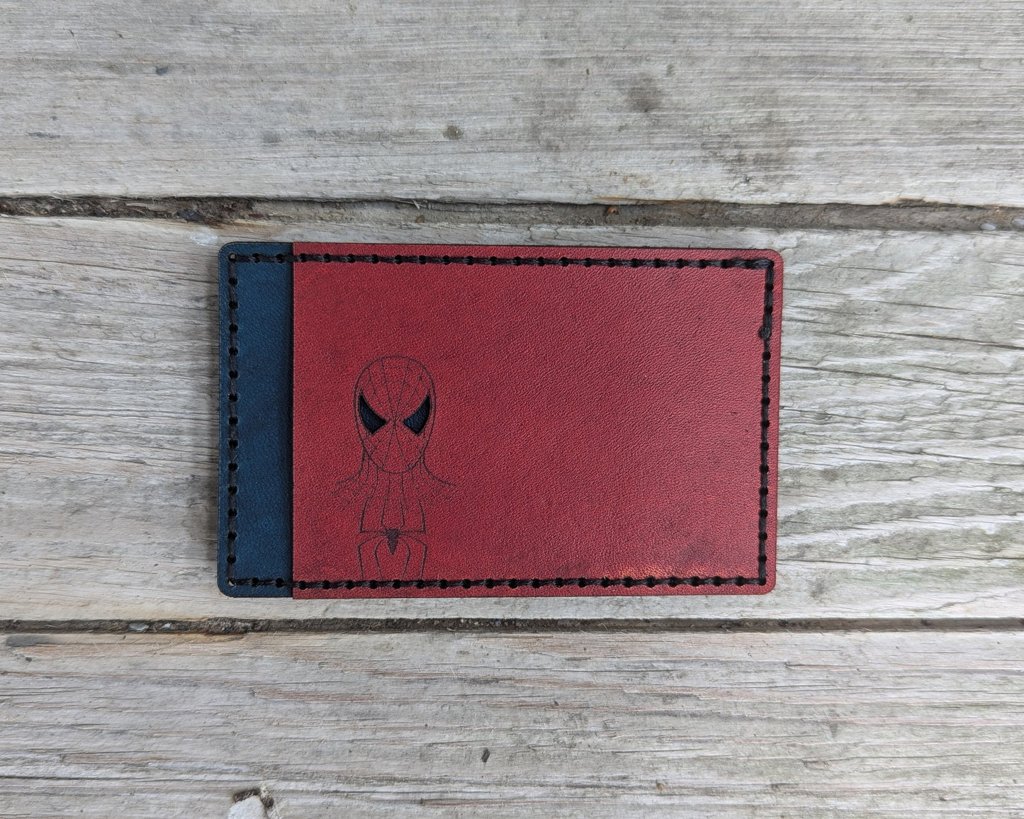 Spiderman ID Card Holder Wallet - Cutout - Full Grain Leather Handmade Customized gift Mens Black Red - Personalized