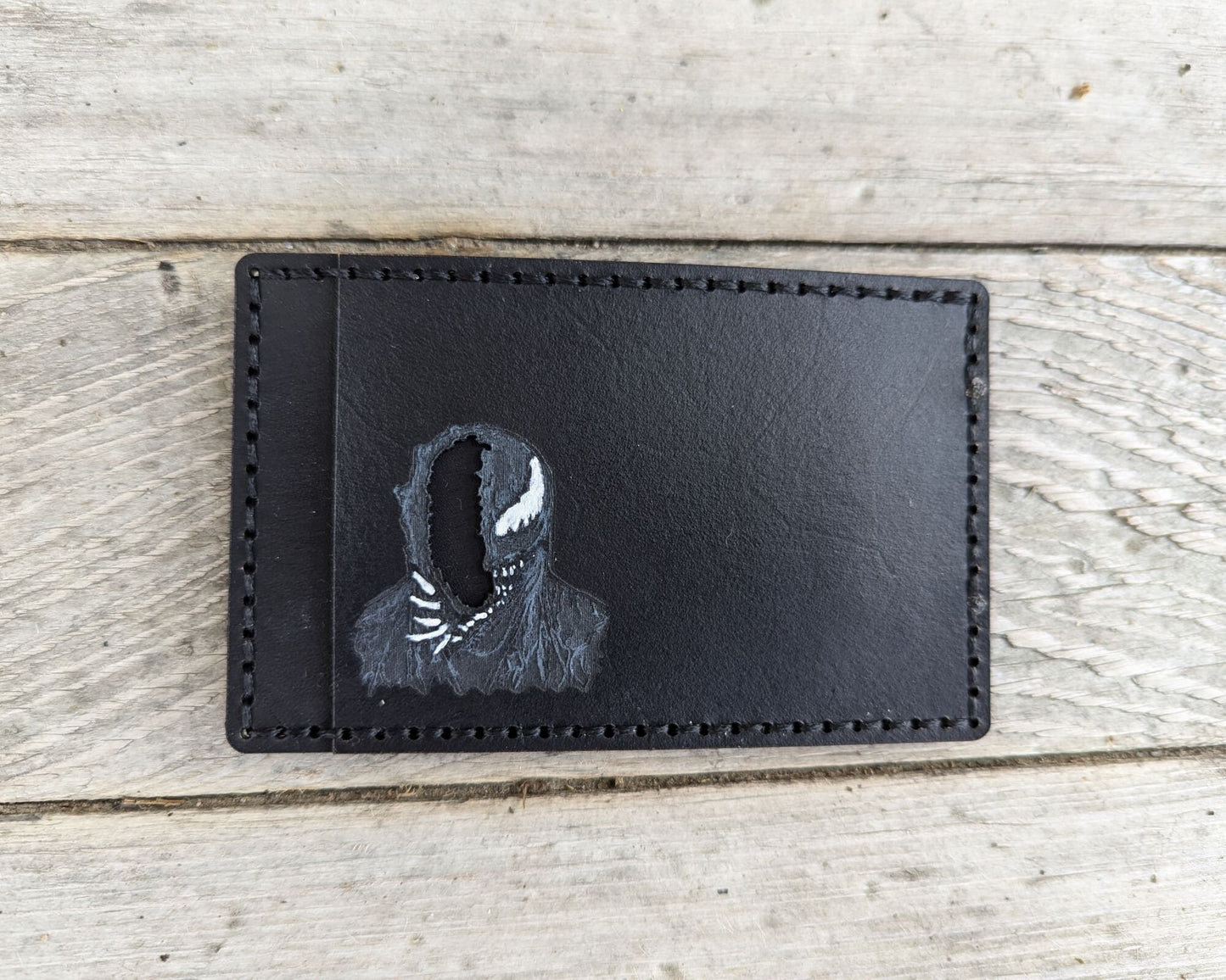Venom ID Card Holder optional Money Clip - Face Cutout - Full Grain Leather Handmade Customized Mens Black Red Carnage - Personalized