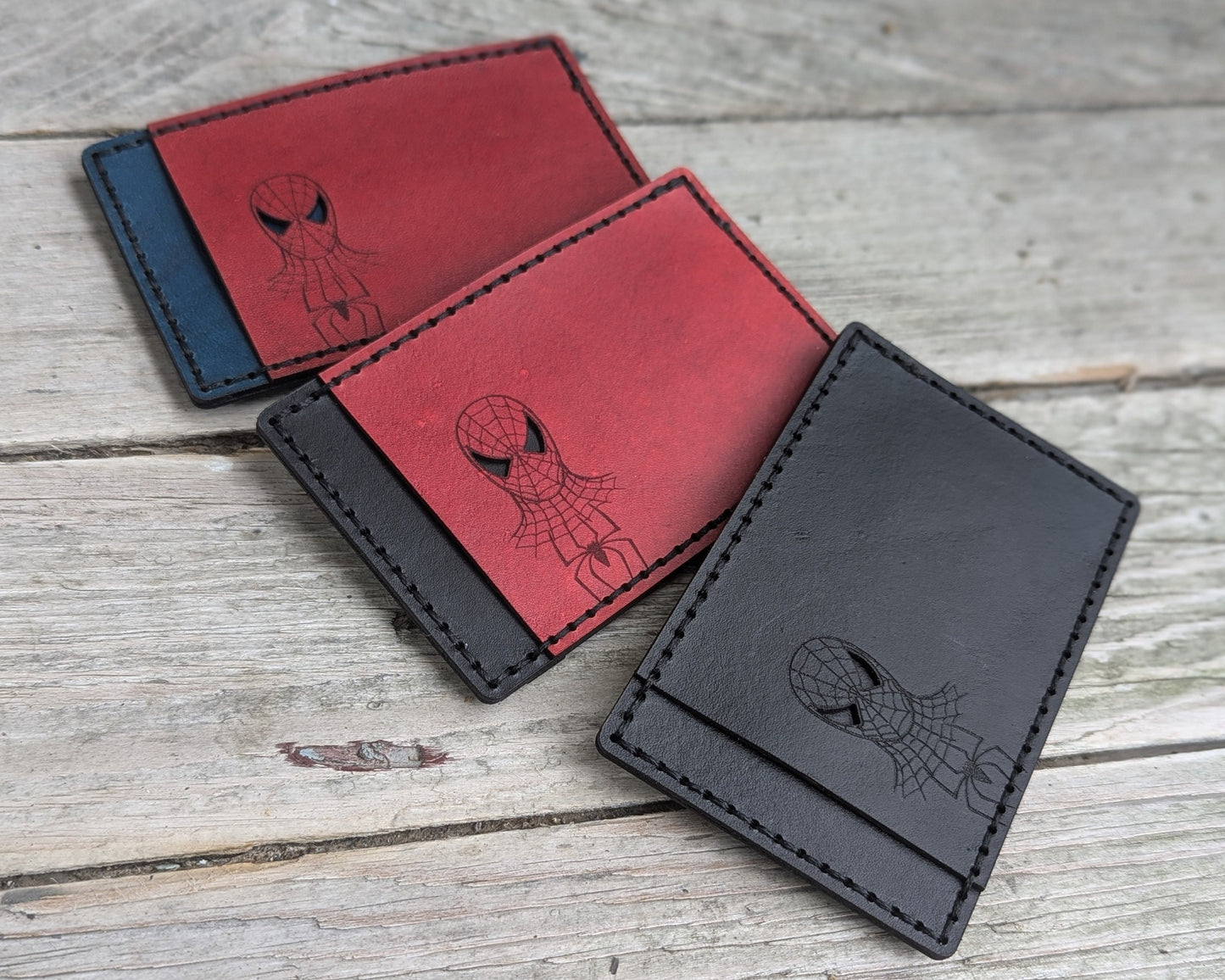 Spiderman ID Card Holder Wallet - Cutout - Full Grain Leather Handmade Customized gift Mens Black Red - Personalized
