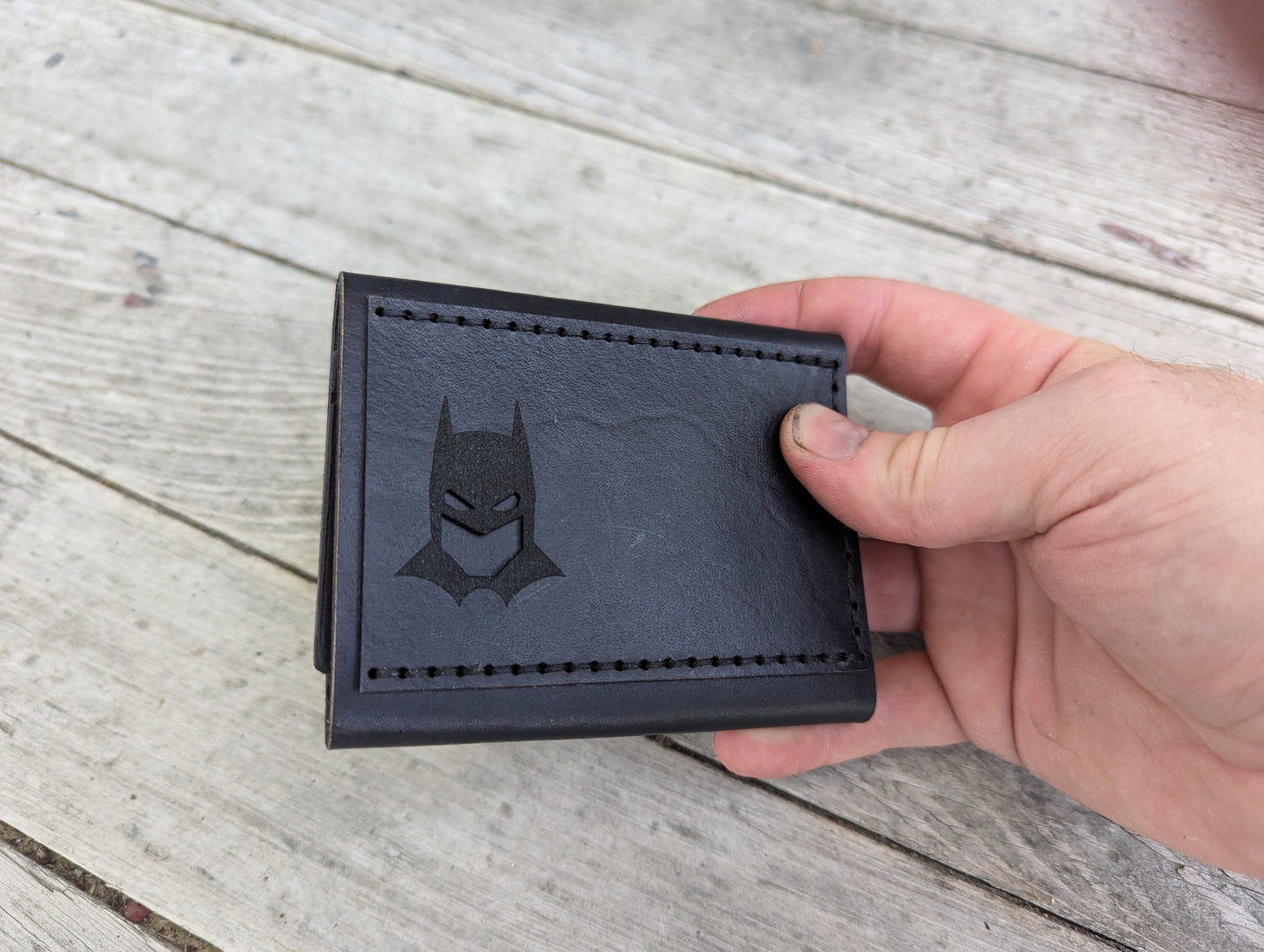 Bat ID Trifold Wallet - Cowl Mask Cutout - Full Grain Leather Handmade Customized Mens Black Gray Brown - Personalized