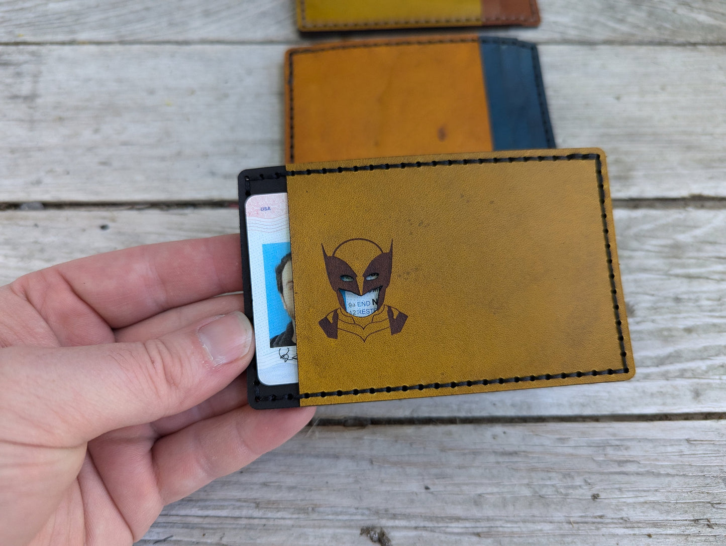 Wolverine ID Card Holder optional money clip - Mask Cutout - Full Grain Leather Handmade Customized Mens Yellow Black - Personalized