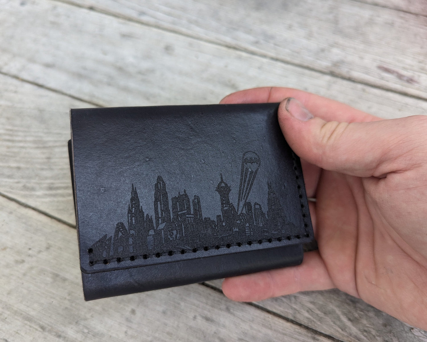 Bat ID Trifold Wallet - Cowl Mask Cutout - Full Grain Leather Handmade Customized Mens Black Gray Brown - Personalized