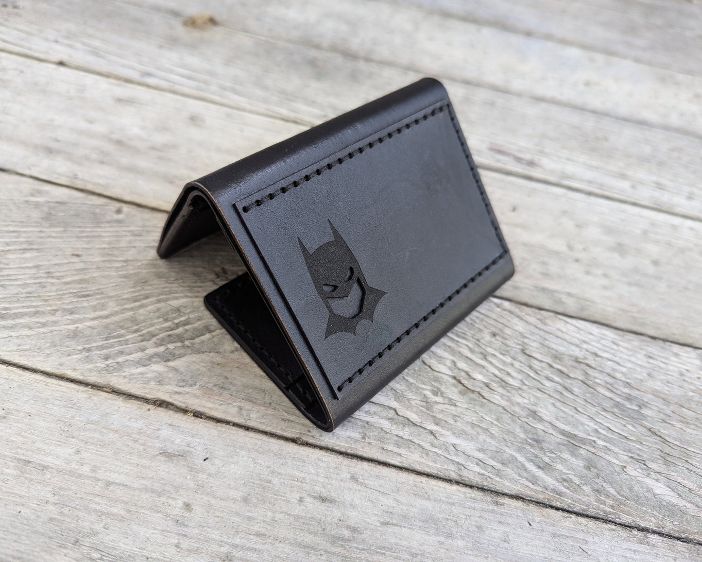 Bat ID Trifold Wallet - Cowl Mask Cutout - Full Grain Leather Handmade Customized Mens Black Gray Brown - Personalized